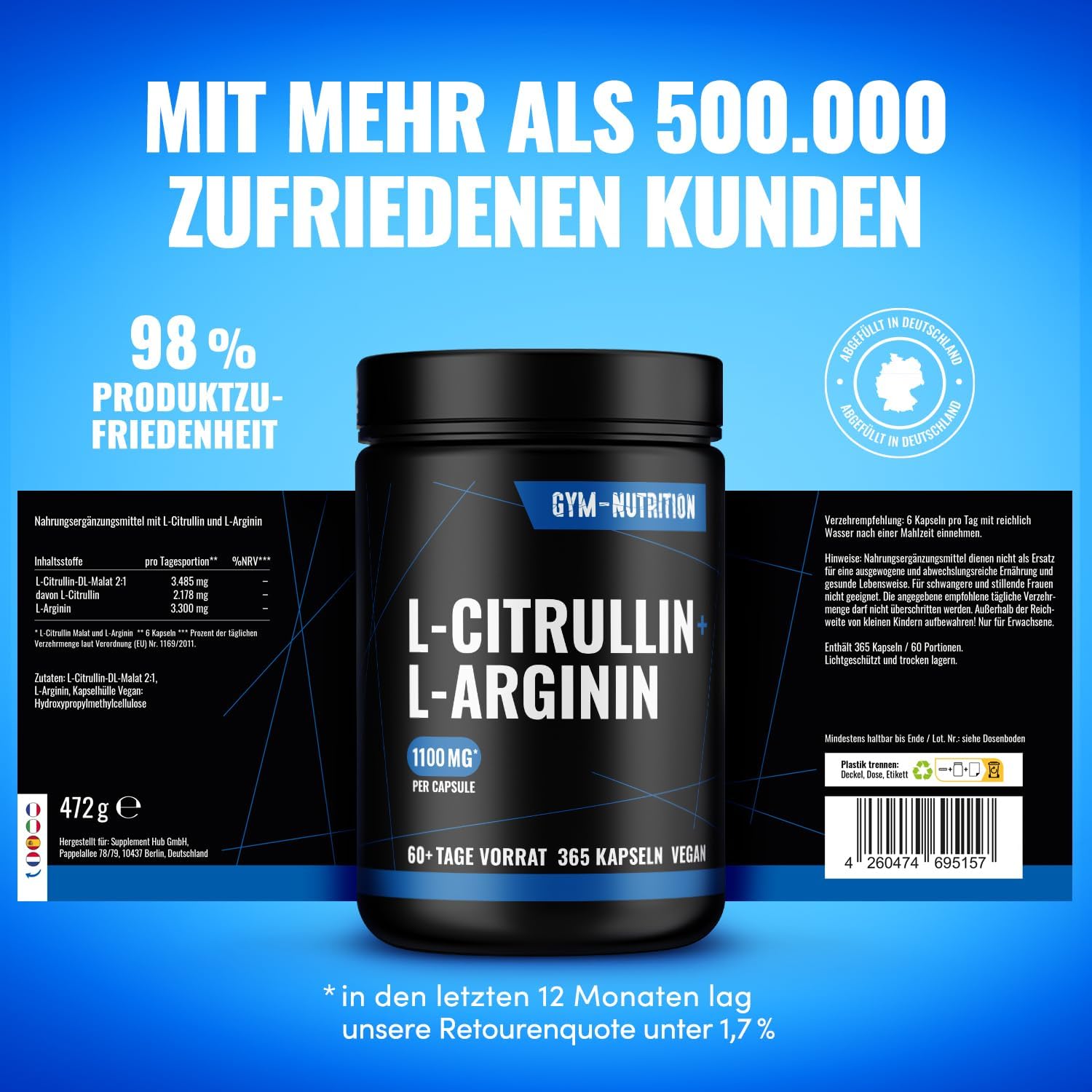 L-Arginin + Citrullin hochdosiert - 365 Kapseln - 6.785 mg Tagesdosis, 60+ Tage Vorrat - Vegan & Produziert in Deutschland