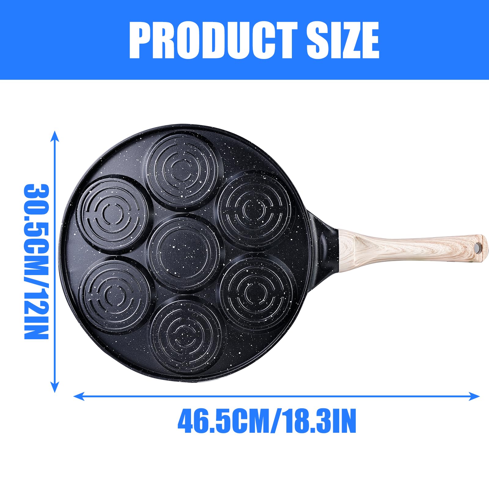 Poêle à crêpes antiadhésive de 26 cm : sept trous, poêle à crêpes avec visages smiley, poêle à œufs au plat pour omelettes, hamburgers, utiliser uniquement un feu ouvert
