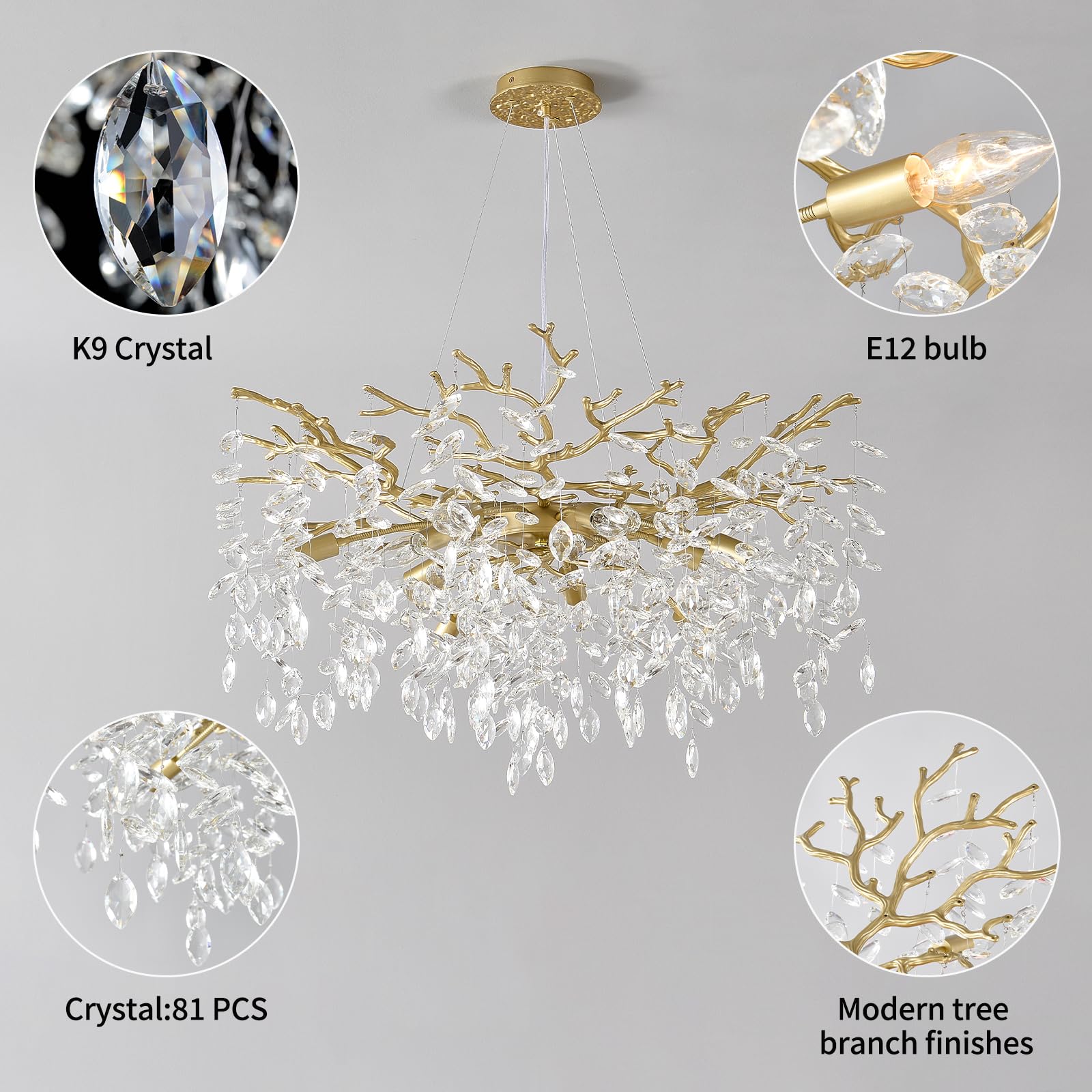 EGM - Crystal Chandelier with Gold Tree Branch 32 Inch Modern