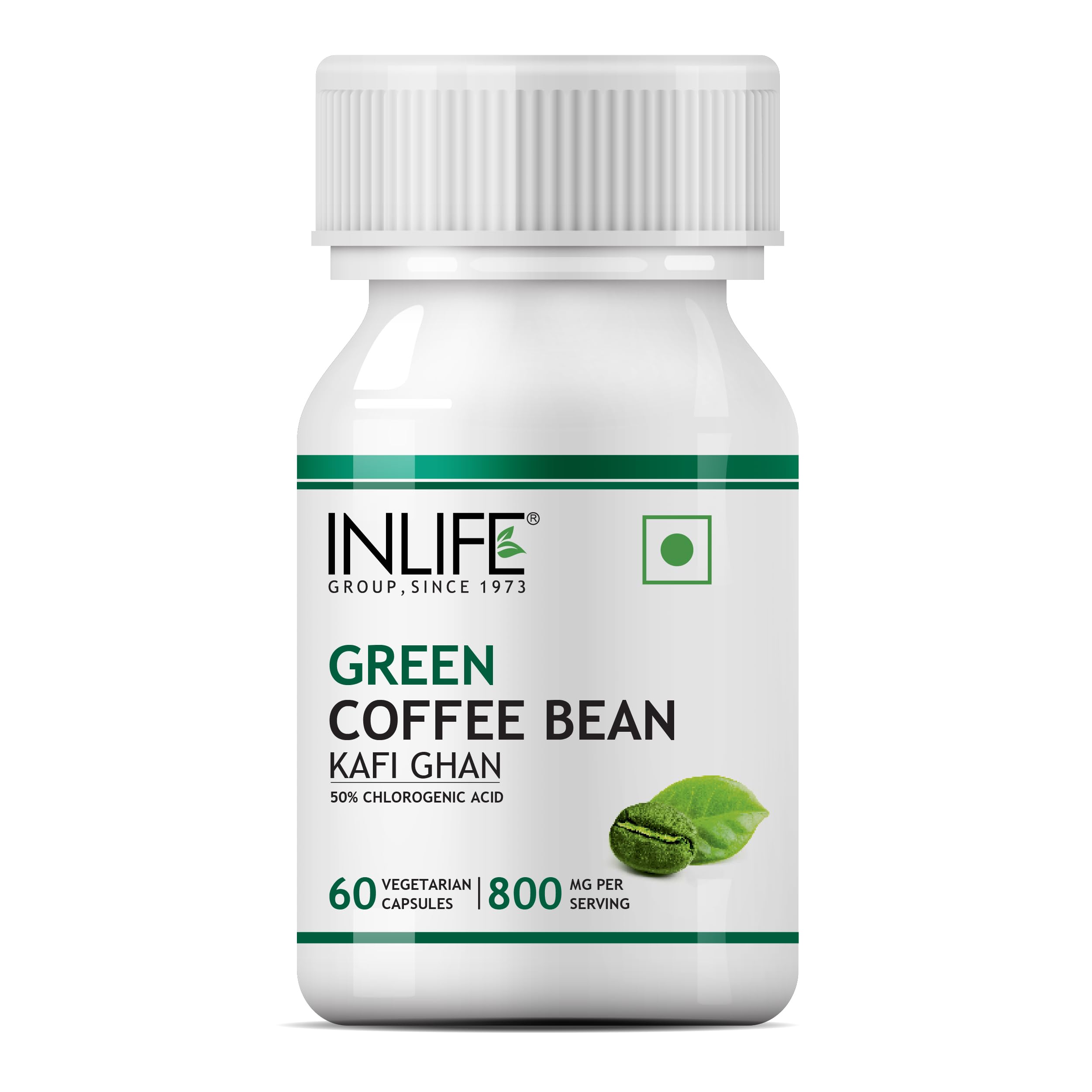INLIFE Green Coffee Beans Extract Capsules | With 50% Chlorogenic Acid | Ayurvedic Herbal Supplement - 800mg - 60 Vegetarian Capsules (Pack of 1, 60)