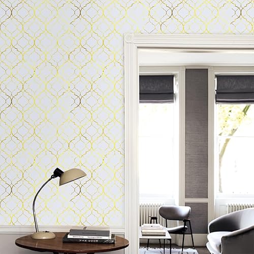 Miniatura 5 de Livebor Papel tapiz de contacto geométrico dorado y blanco, 17.7 x 118.1 pulgadas, papel tapiz moderno para dormitorio, autoadhesivo, extraíble,