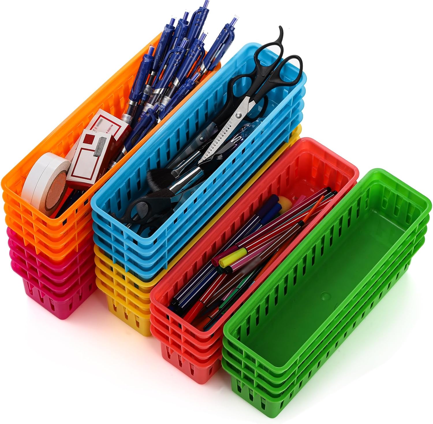 ZEAYEA 24 Pack Classroom Storage Baskets, Classroom Pencil Organizer Baskets for Desk, Drawer, Plastic Pen and Pencil Basket Trays, Crayon Basket for Office Home, 9.3" L x 2.2" W x 2.4" H