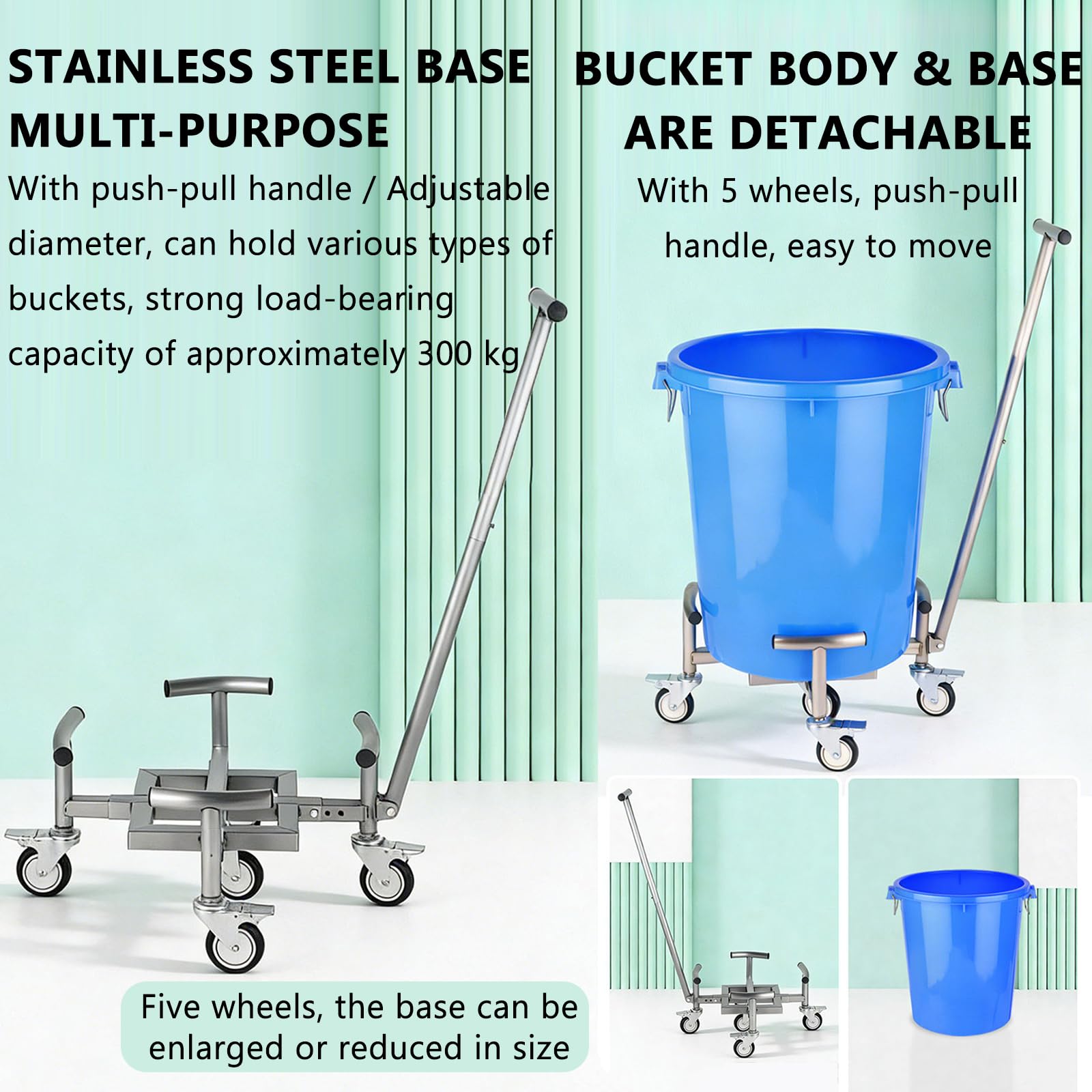 Carrello portavaso resistente, in acciaio inox, con ruote, diametro regolabile, corrimano e 5 ruote, supporta fino a 300 kg
