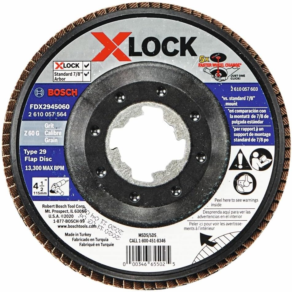 BOSCH FDX2945060 1-Piece 4-1/2 In. X-LOCK Flap Disc 60 Grit Compatible with 7/8 In. Arbor Type 29 for Applications in Metal Blending and Grinding