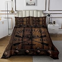 Vista 8 de Juego de colcha de río, tamaño Queen para niños, niñas, juego de edredón rústico de granja con diseño de lago y vida, colcha de paneles de madera