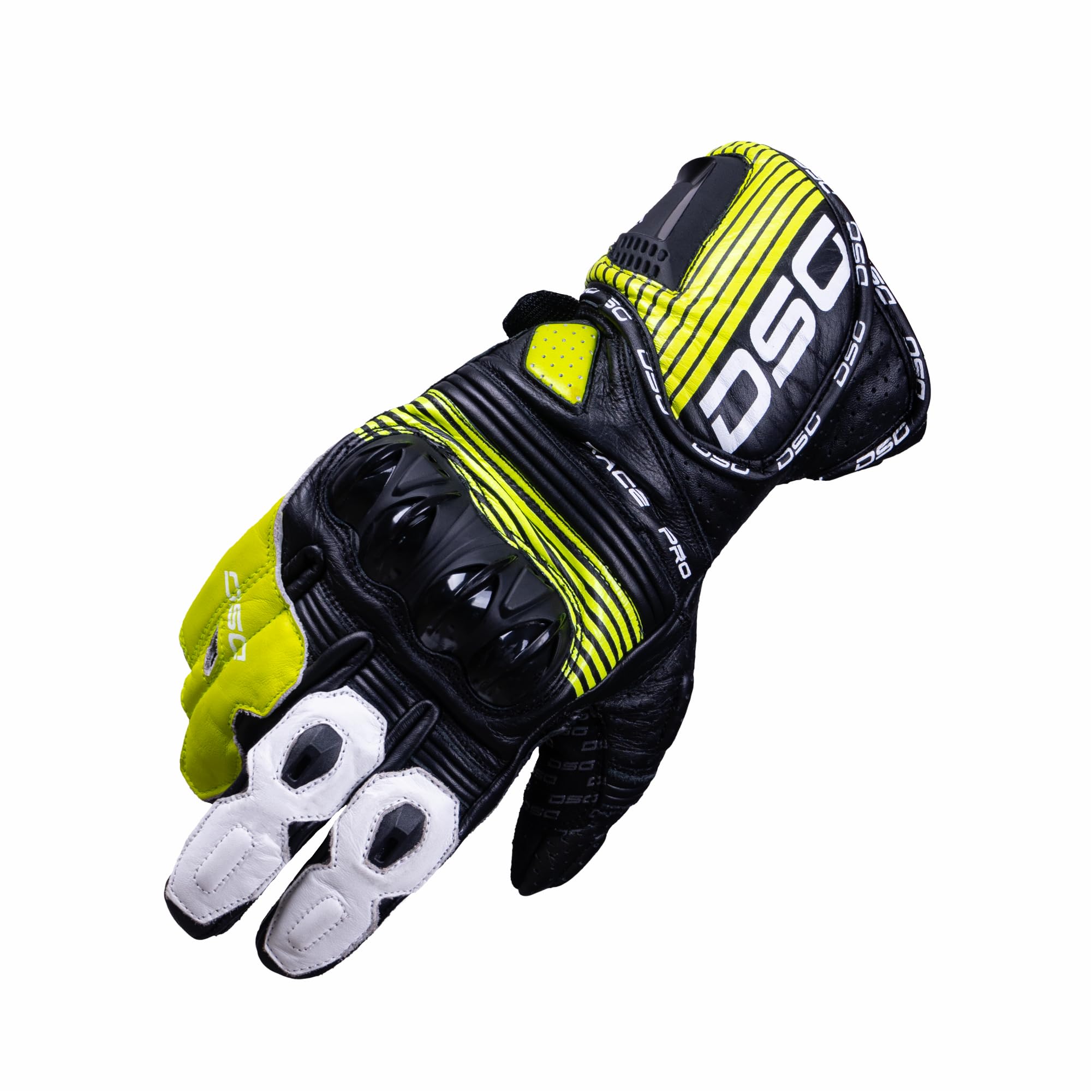 DSG Leather Race Pro V1 Bike Riding Glove(Color-Black Yellow Fluo White)(Size-X Large)