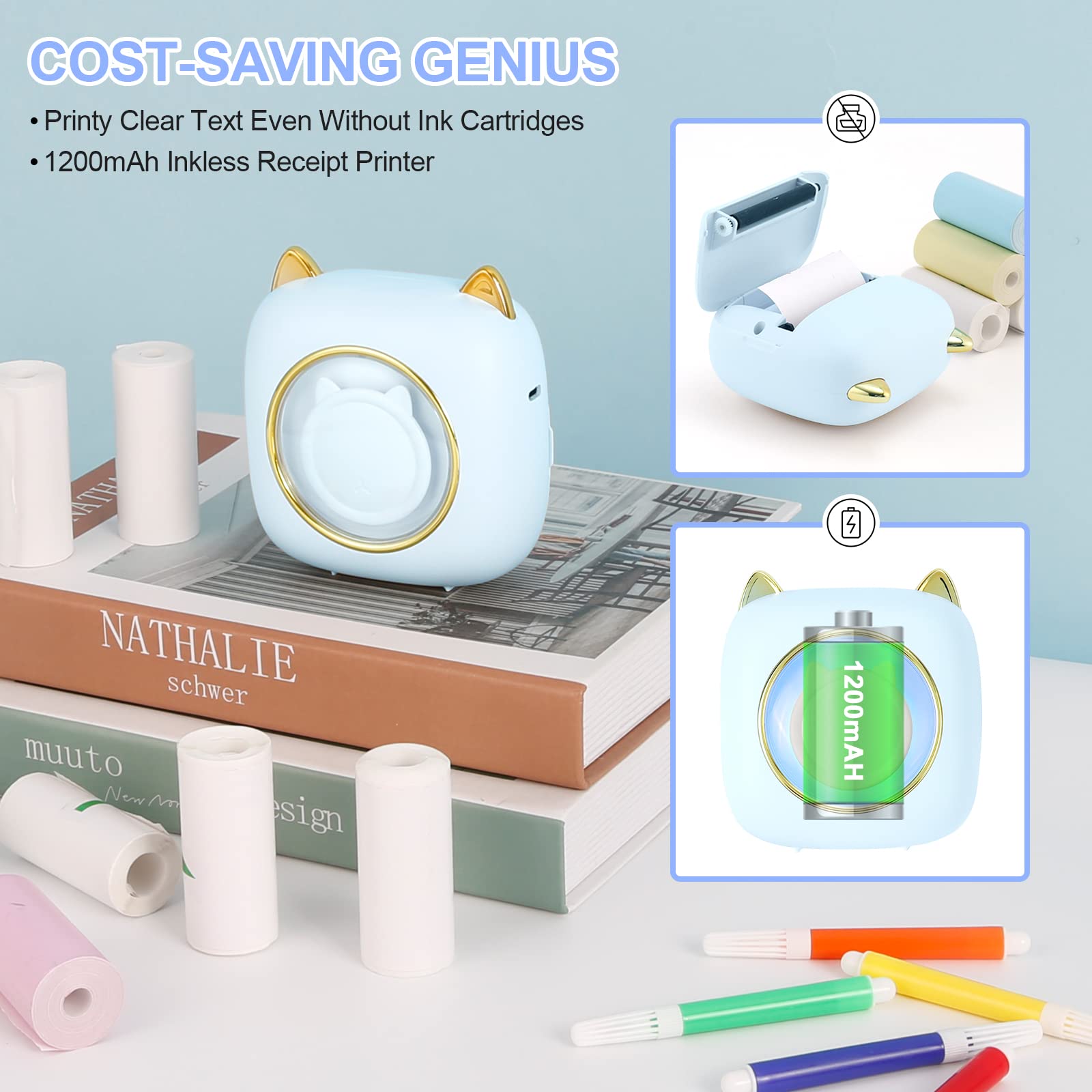 GuKKK Mini Stampante Fotografica, Mini Stampante Termica con LED colorati, Stampante Fotografica Istantanea Portatile, Mini Stampante Termica Bluetooth Ricarica USB, per Note, Diario, Elenco