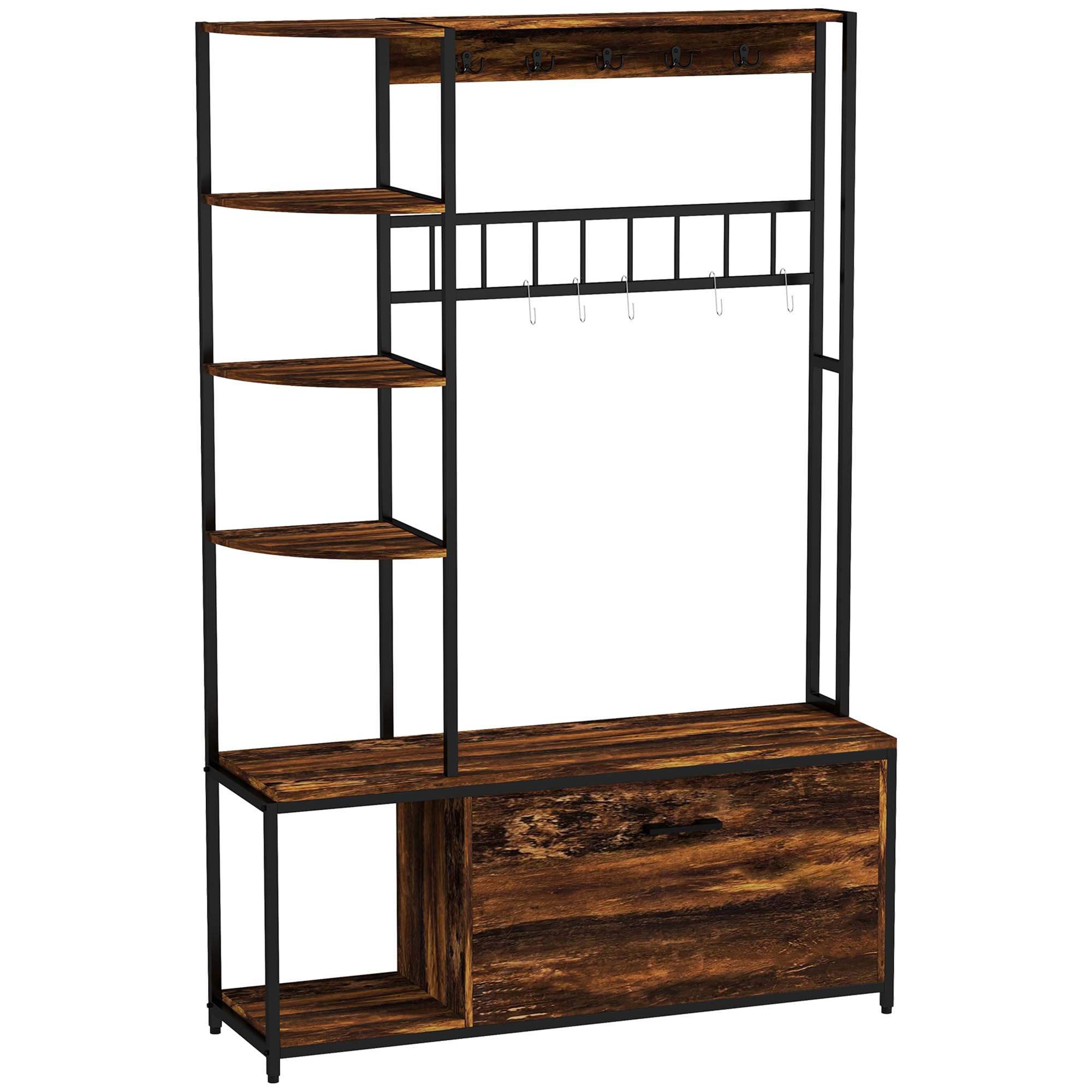 HOMCOM Perchero Zapatero Perchero Entrada Recibidor 4 en 1 con Banco Zapatero de 2 Pisos Estantes Ganchos Compartimento y Sistema Anti-vuelco para Pasillo Dormitorio 120x35x180 cm Marrón Oscuro