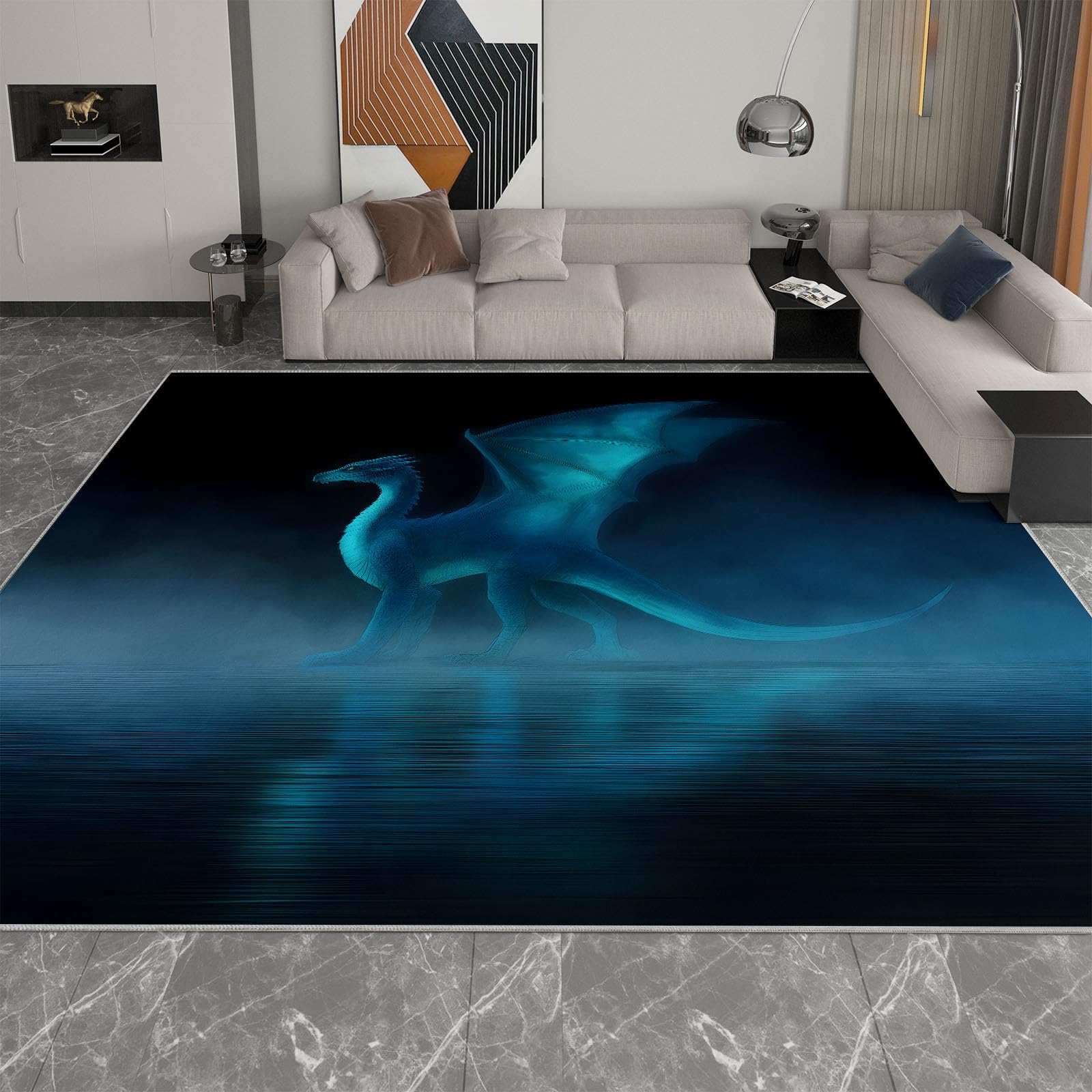 Cyjan dywan z krótkim włosiem 80x150 cm Anime Dragon Fantasy mgiełka, miękki antypoślizgowy zmywalny dywan - do salonu, sypialni dziecięcej, jadalni, pokoju zabaw