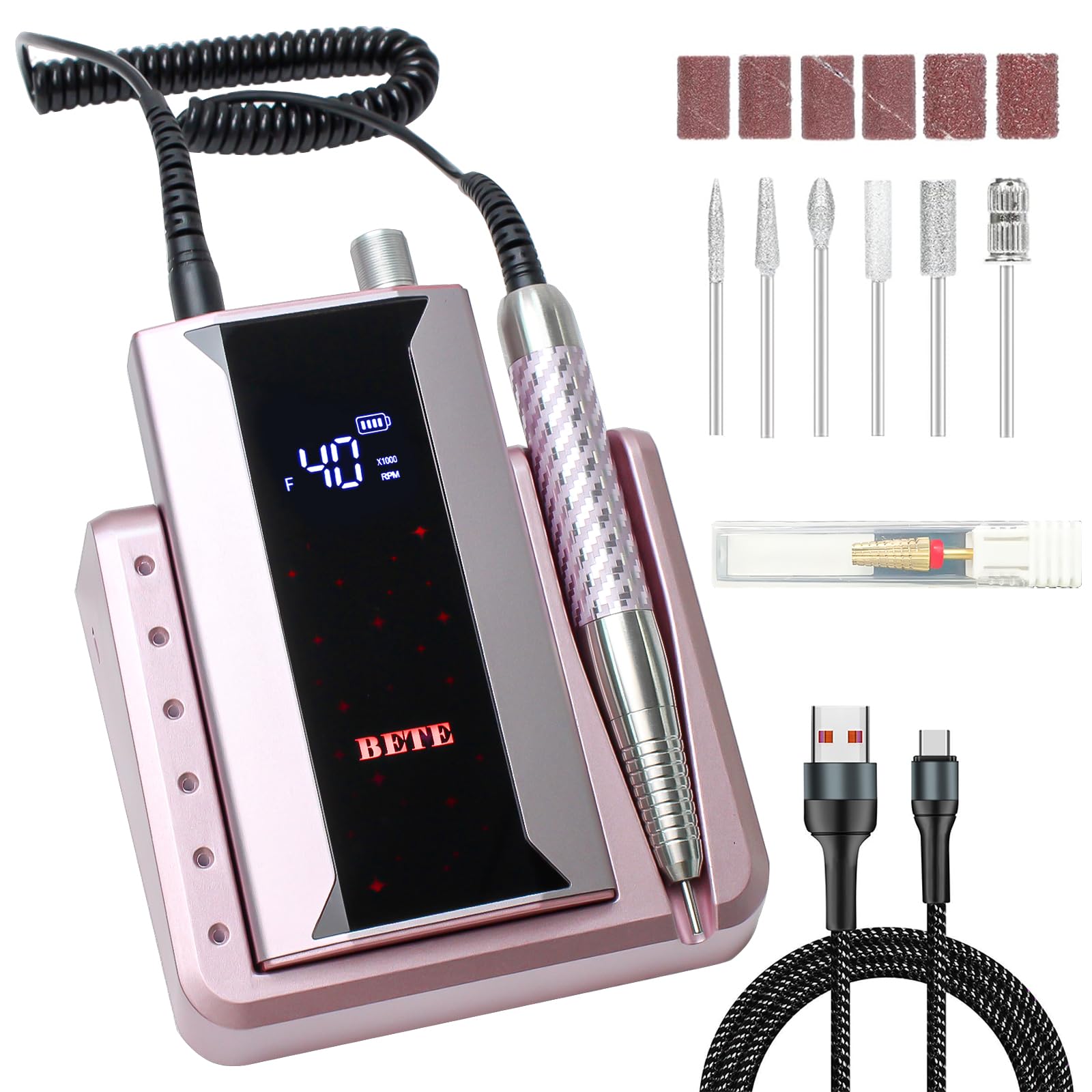 BETE Professional Nail Drill Machine, 0-40000RPM Brushless Durable Electric Nail File for Acrylic Gel Nails, Rechargeable Nail Drill with Charging