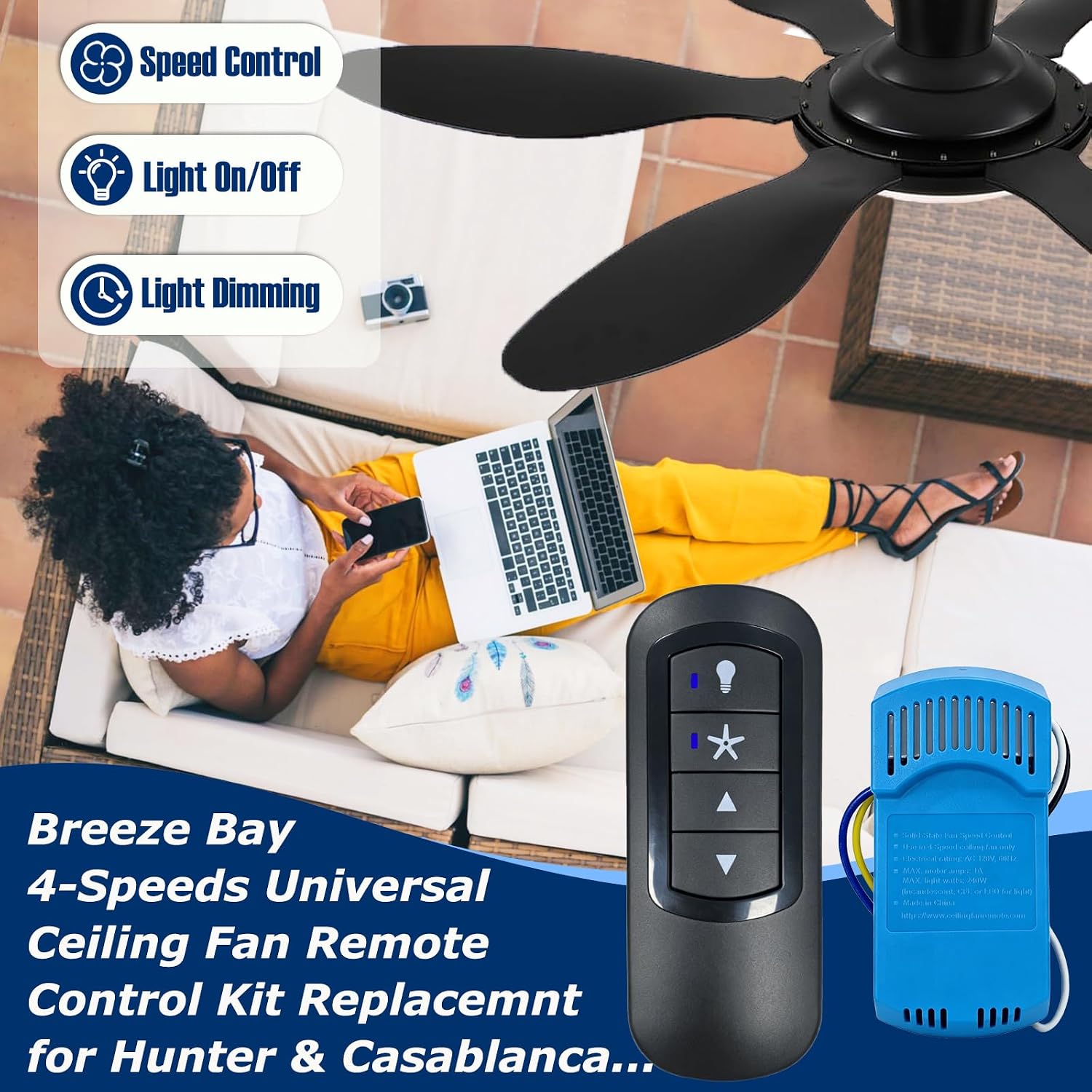 Universal Ceiling Fan Remote Control Kit for Hunter Casablanca 99198 | 4-Speeds & Light Dimmer, Compatible with Casablanca,Hunter,Harbor Breeze,Hampton Bay,Replace for Hunter 99198,99815, K6266-03