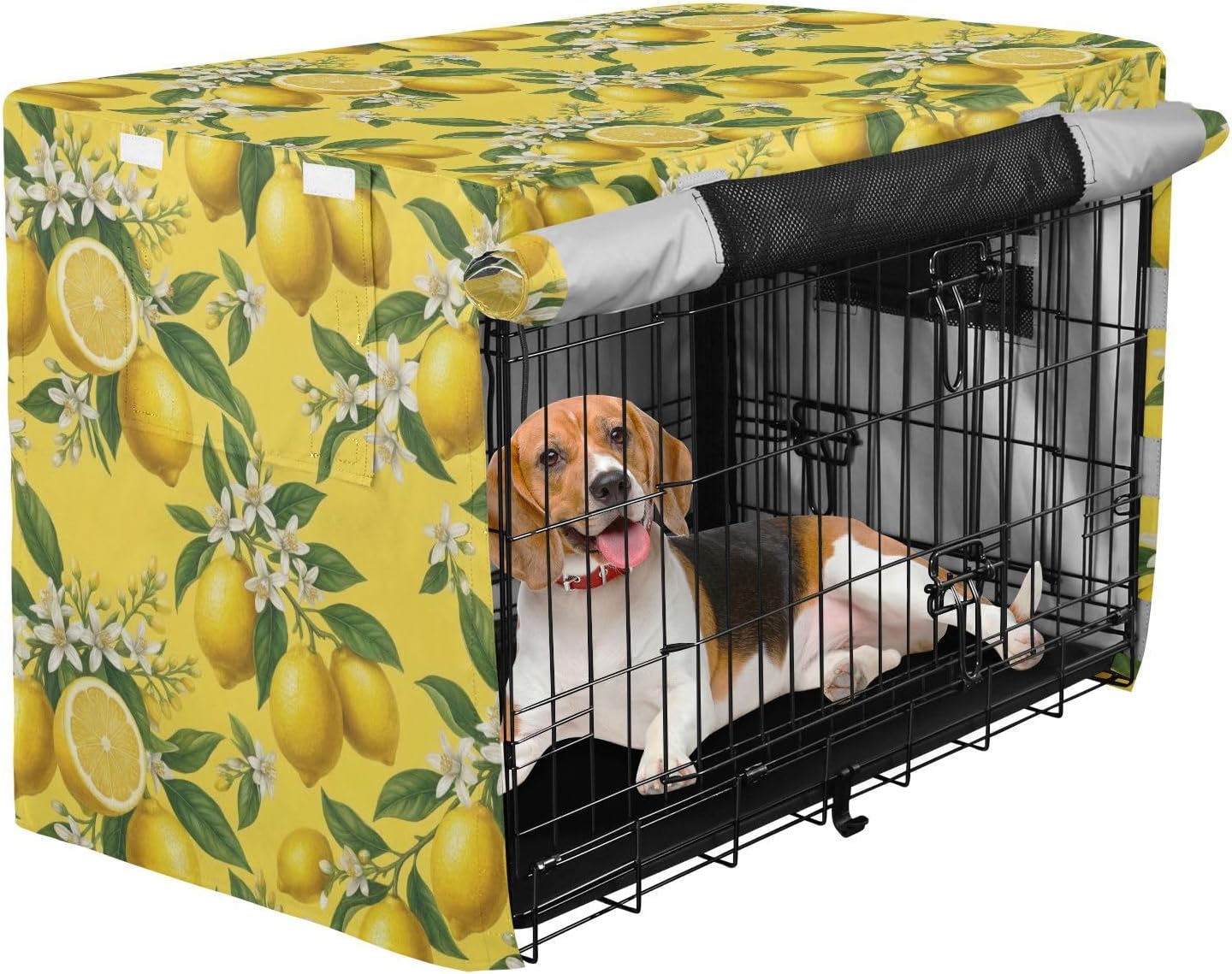 Duty 600D Silver Coated Dog Crate Cover, Water-Resistant Lemon Print Pet Kennel Canopy with Mesh Windows for Optimal Ventilation, Universal Fit for Standard Wire Cage, Indoor & Travel