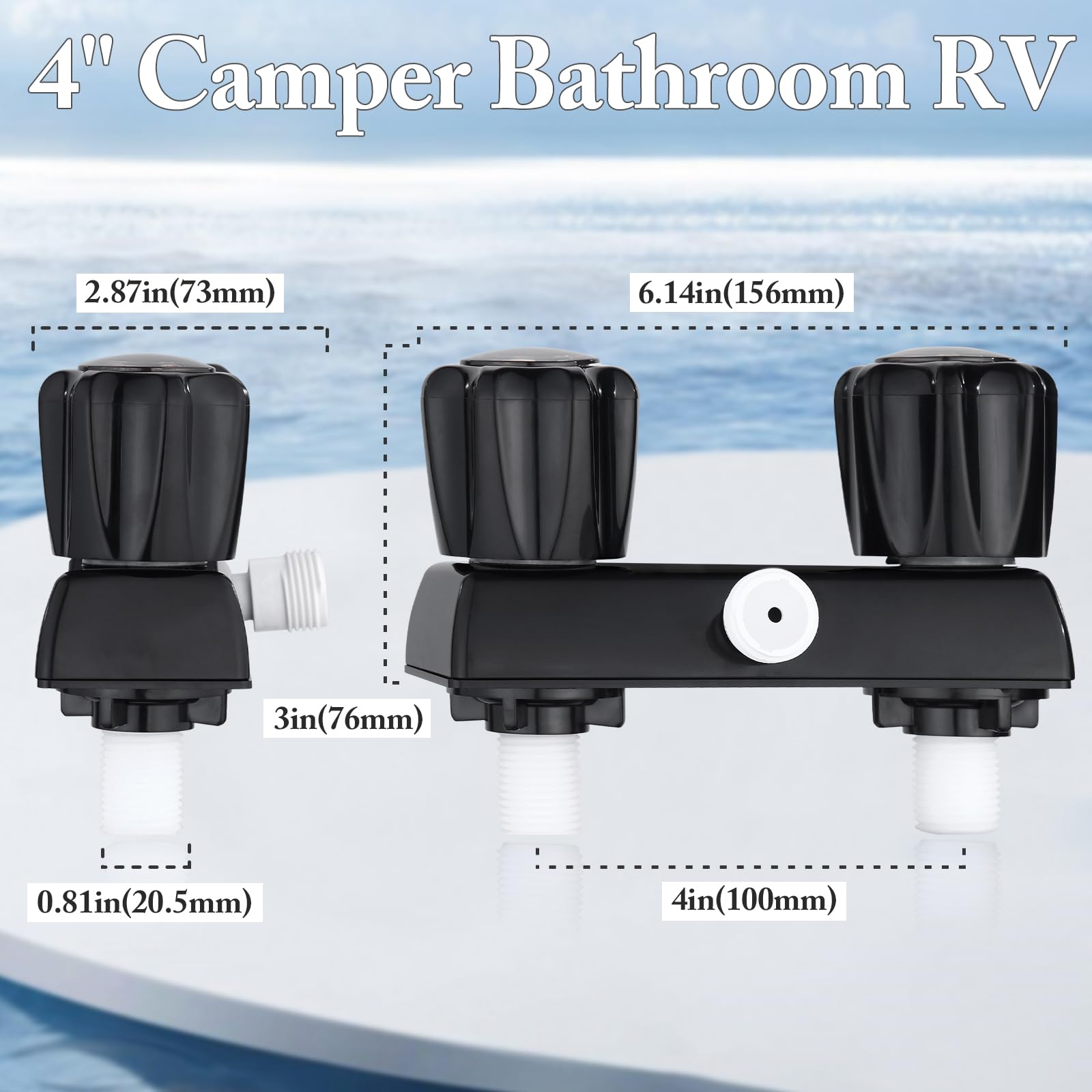 Grifo de ducha de repuesto para caravana, grifo de ducha de cámper, válvula de ducha de 4 pulgadas para exteriores e interiores, kit de ducha con pomos de ducha acrílicos dobles (negro completo)