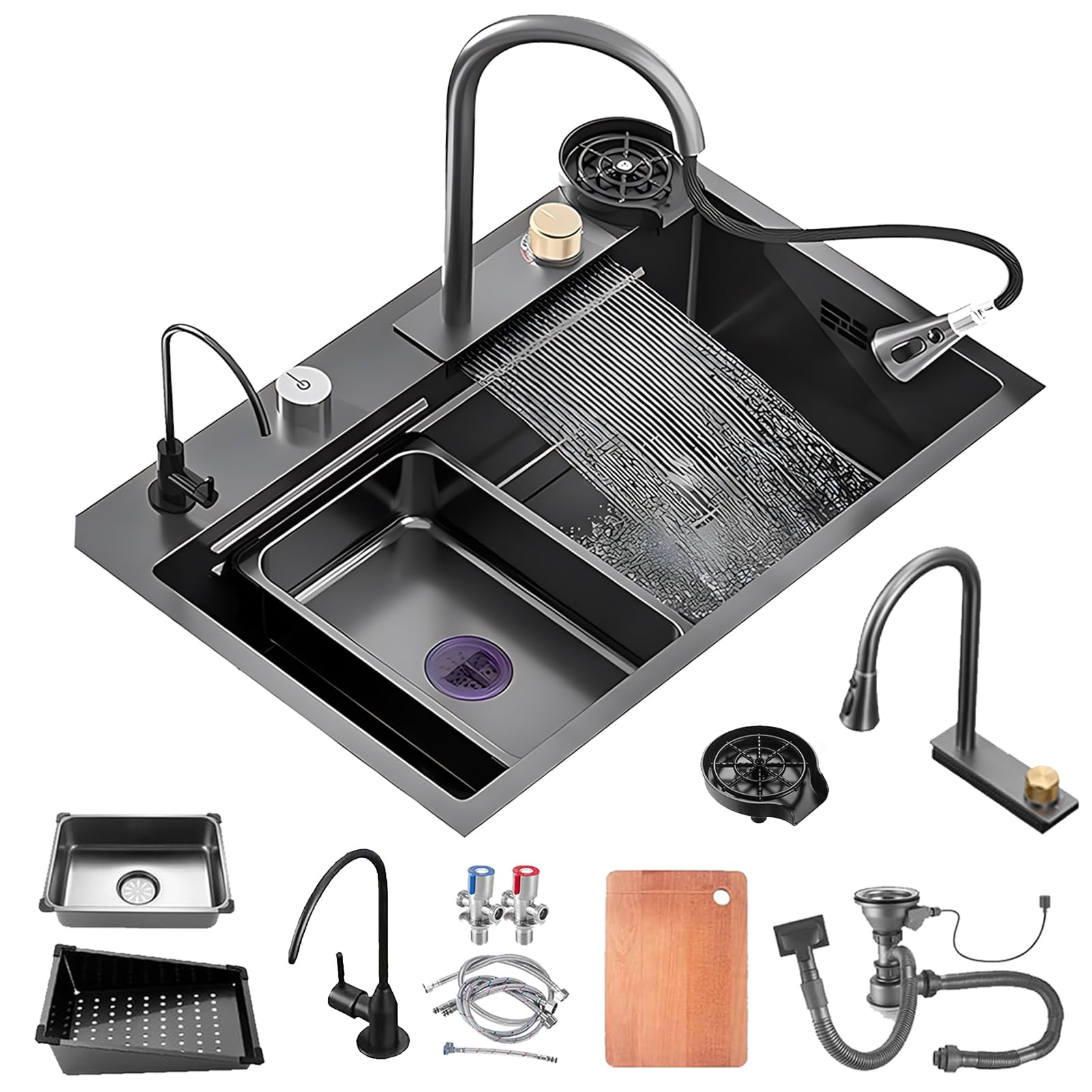 ZQFHSX Kitchen Sink 304 Stainless Steel Nano Raindance Waterfall Home Vegetable Basin Single Workstation with Pull-Out Faucet (Size : 75x46cm)