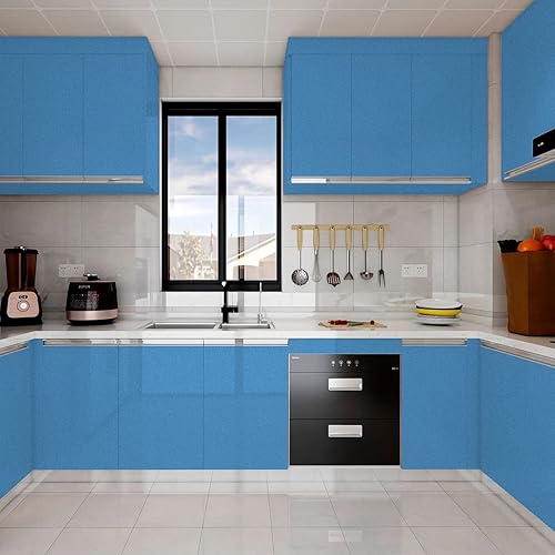 Miniatura 6 de WADILE Papel tapiz adhesivo brillante, resistente al agua, de color sólido, autoadhesivo, brillante, extraíble, para gabinetes (azul cielo, 15.7 x