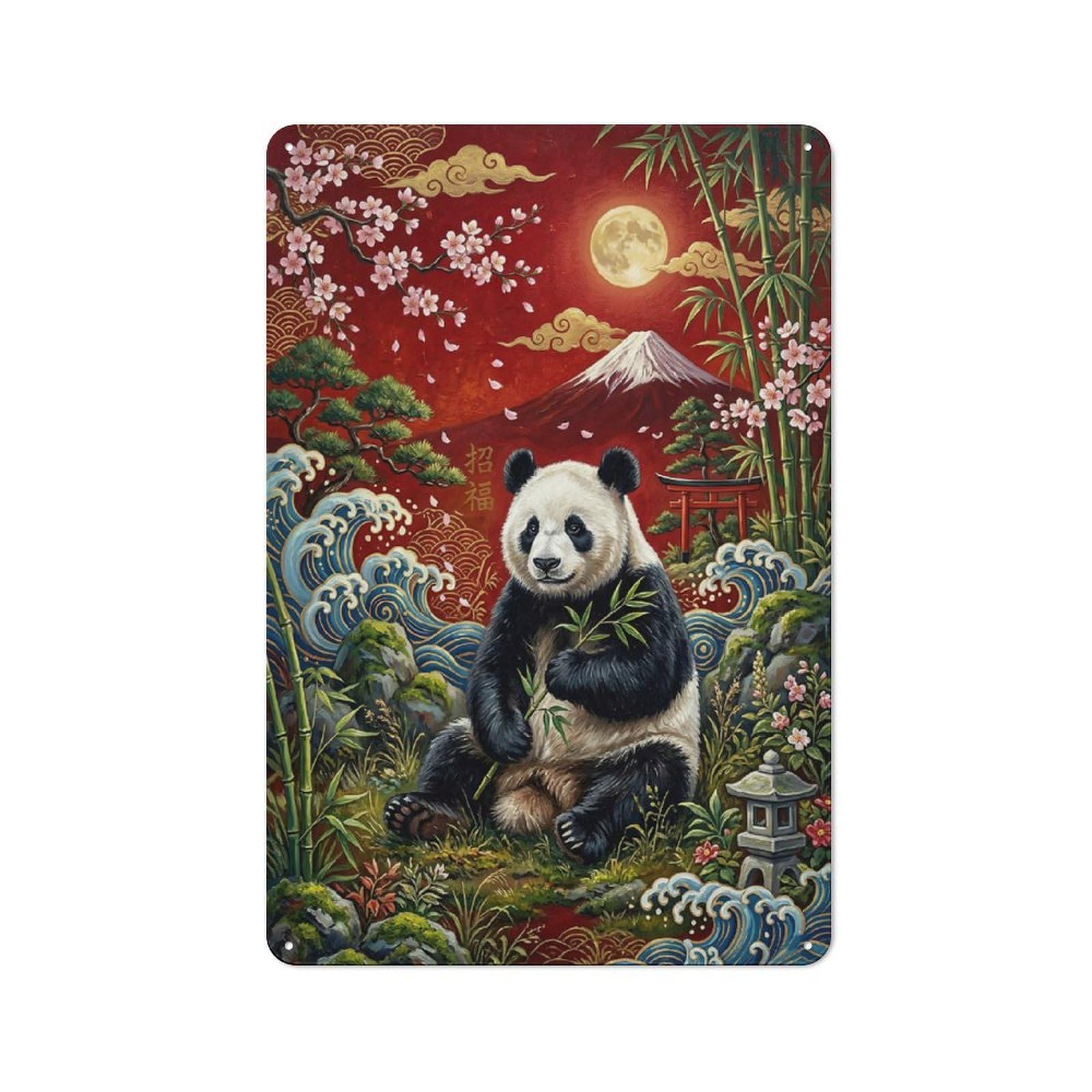 Junmoney Style-24 Retro Metal Wall Sign 30X20cm With Panda With Mount Fuji And Cherry Blossoms For Hallway Wall, Suited To Hallway Decor Lovers