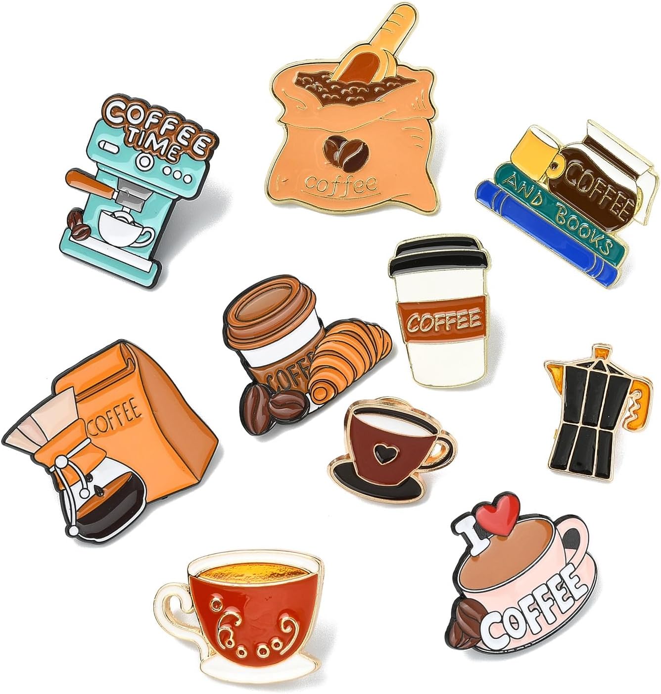 10個 10スタイル 合金 コーヒーテーマ エナメル ラペルピン バック ドリンク コーヒーカップ ポット ブローチ バッジ DIY