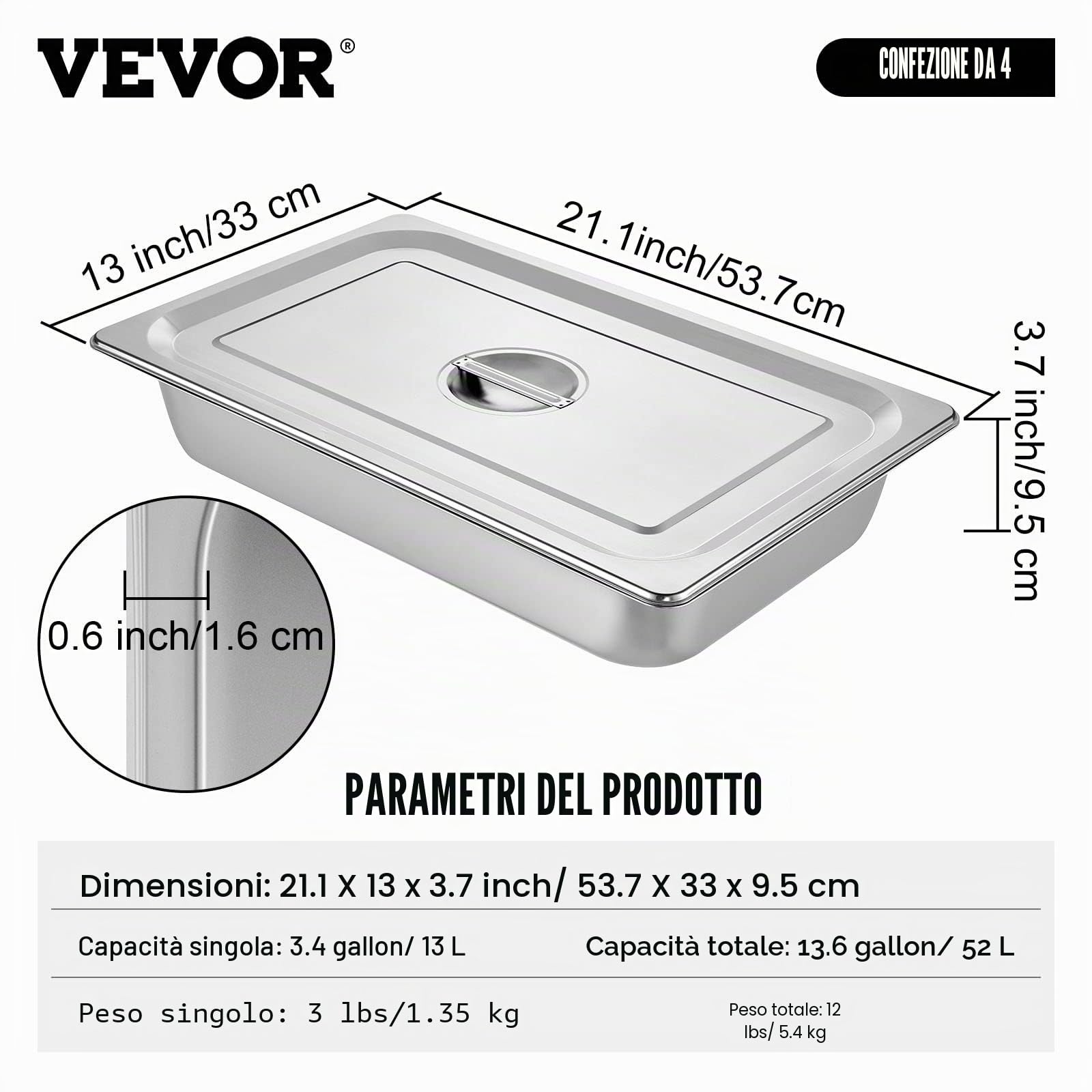 VEVOR Vassoio Rettangolare Portabile 13L Vassoio in Acciaio Inossidabile da 4 Pezzi, Piatto e Pentola al Vapore da Cucina 530x325x100mm con Coperchio, Teglia da Forno per Bar, Ristorante e Hotel