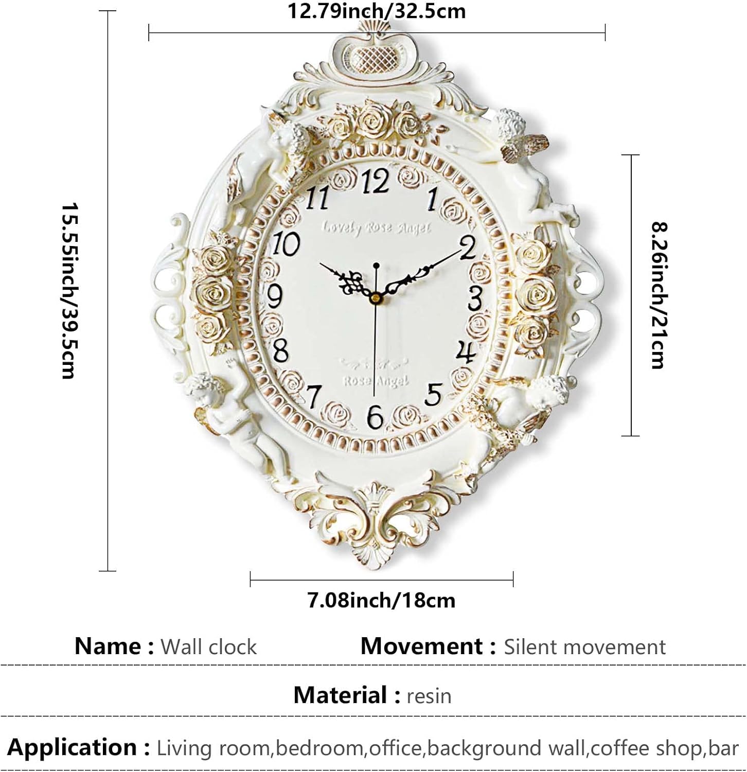Rustic Wall Clock Decor,European Style Resin Battery Operated Silent Clock with Angel and Rose Relief Pattern for Living Room,Wall Decor (Golden)