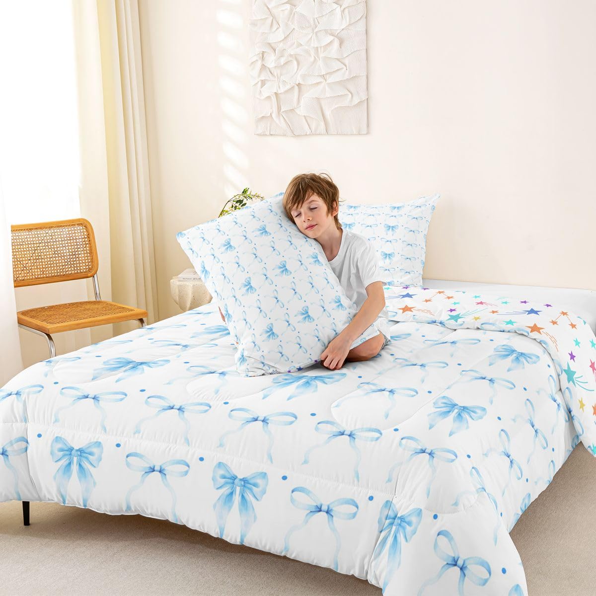 Homewish Jasnoniebieskie zestawy pościeli z kokardą - urocza niebieska muszka zestaw kołdry preppy kawaii kokardki zestaw kołdry - estetyczna kołdra bez pokrowca