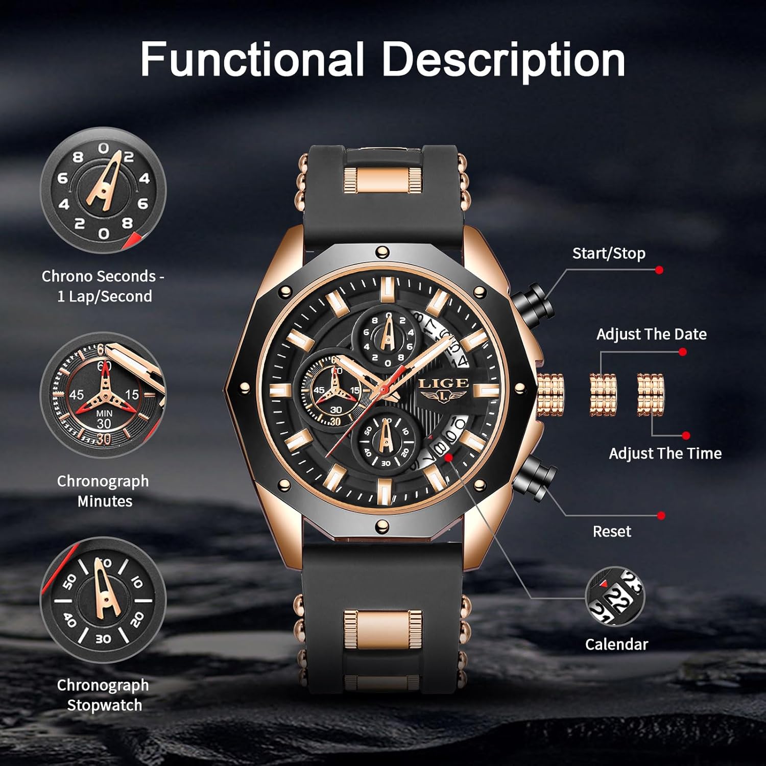LIGE Men's Wrist Watches Analog Dress Waterproof Work Casual Unique Vintage Chronograph Quartz 3ATM Water Resistant Silicone Strap Luminous Date Elegance Daily Chronograph Watch - Image 4