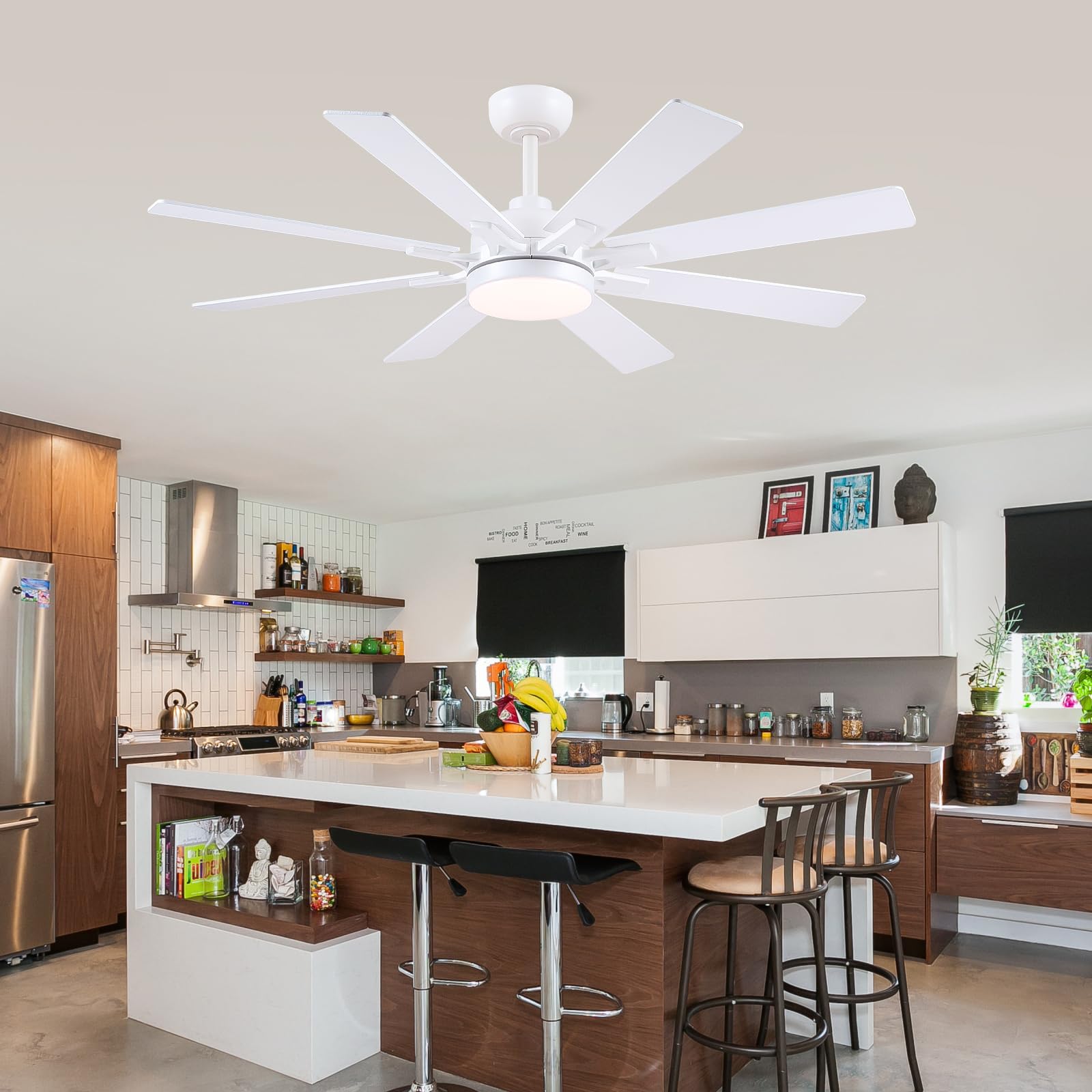 Kviflon Deckenventilator mit Beleuchtung Leise 132 cm, Deckenventilator mit Licht und Fernbedienung und App, Led Deckenventilatoren für Schlafzimmer Wohnzimmer, DC Motor, 8 Holz Flügel, Weiß