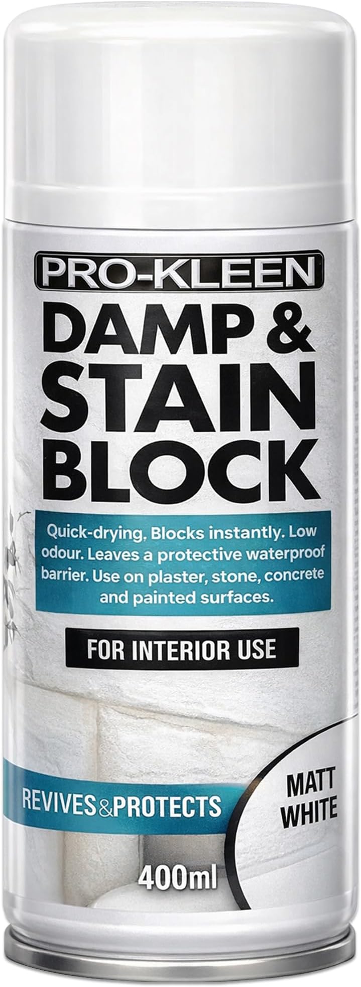 Pro-Kleen Damp & Stain Block Spray Paint Primer White Matt 400ml - Covers Damp, Mould, Grease, Nicotine & Rust Stains - for Walls & Ceilings - Leaves a Waterproof Barrier