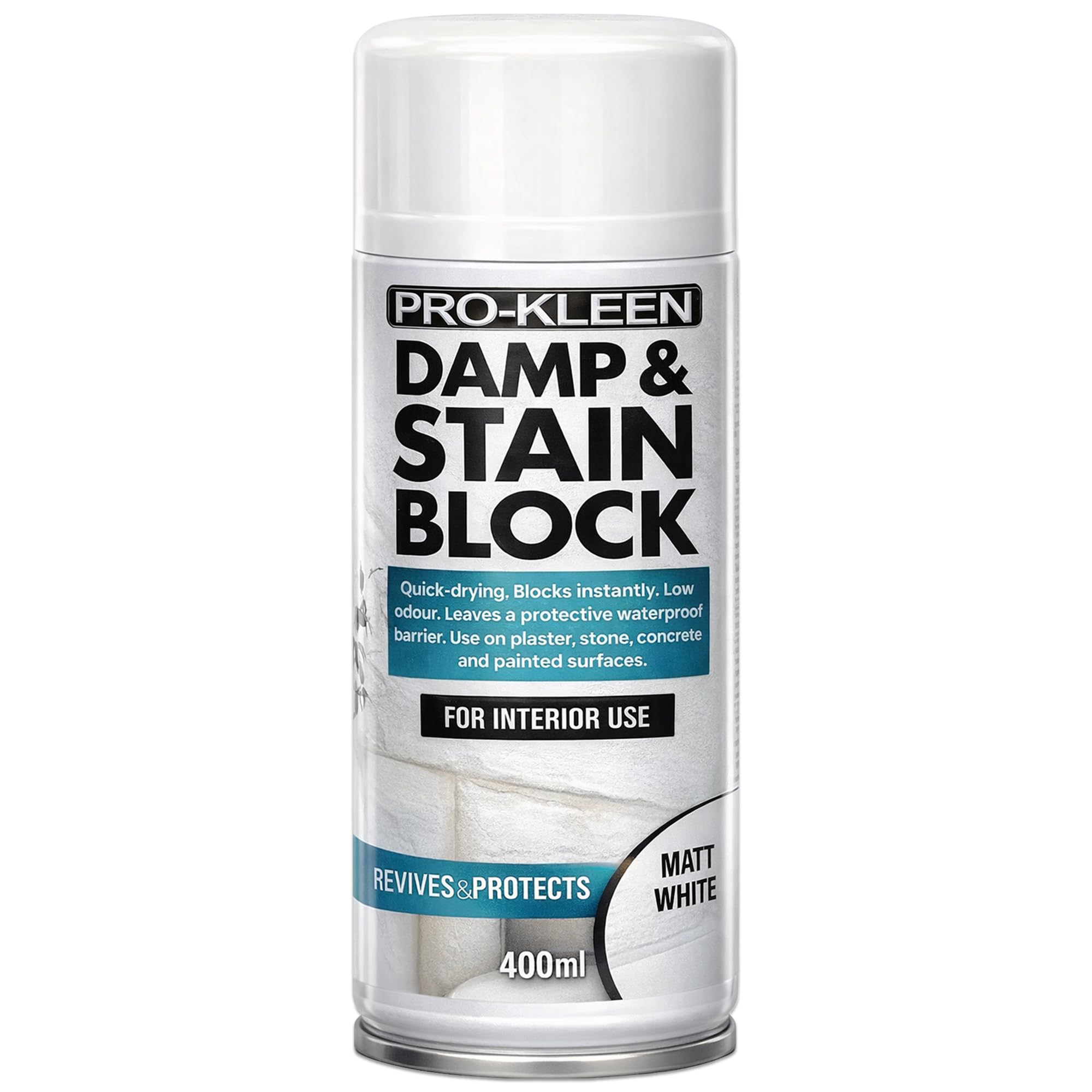 Pro-Kleen Damp & Stain Block Spray Paint Primer White Matt 400ml - Covers Damp, Mould, Grease, Nicotine & Rust Stains - for Walls & Ceilings - Leaves a Waterproof Barrier
