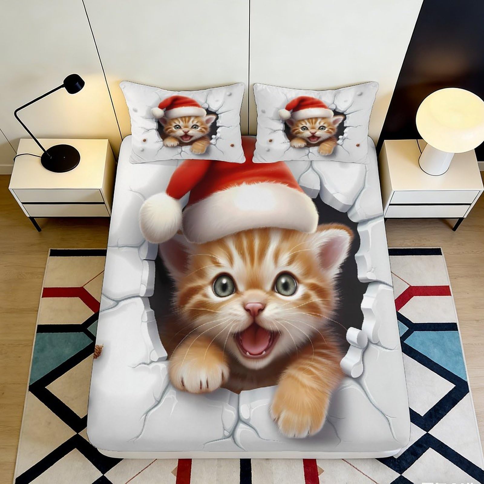Pnayamiorkfel Style-8 3D Printed Christmas Cat Fitted Sheet Microfiber Soft Breathable Santa Kitten Bed Cover For Bedroom Dorm Decor 90X200x25cm