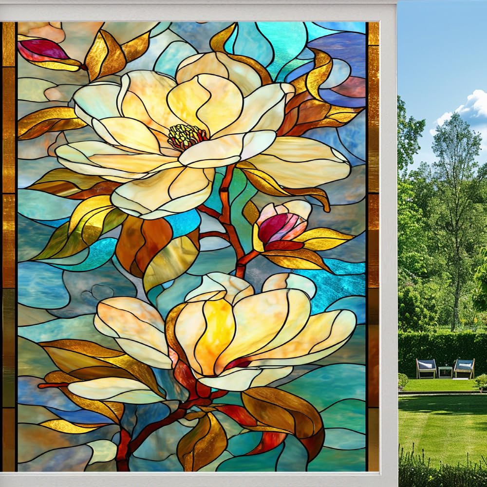 Pmlbaous Spring Flowers Privacy Window Film, Abstract Magnolia Plant Frosted Self-Adhesive Vinyl Cling For Glass Doors Bathroom Windows Sun Blocking Heat Control, （45X100cm）