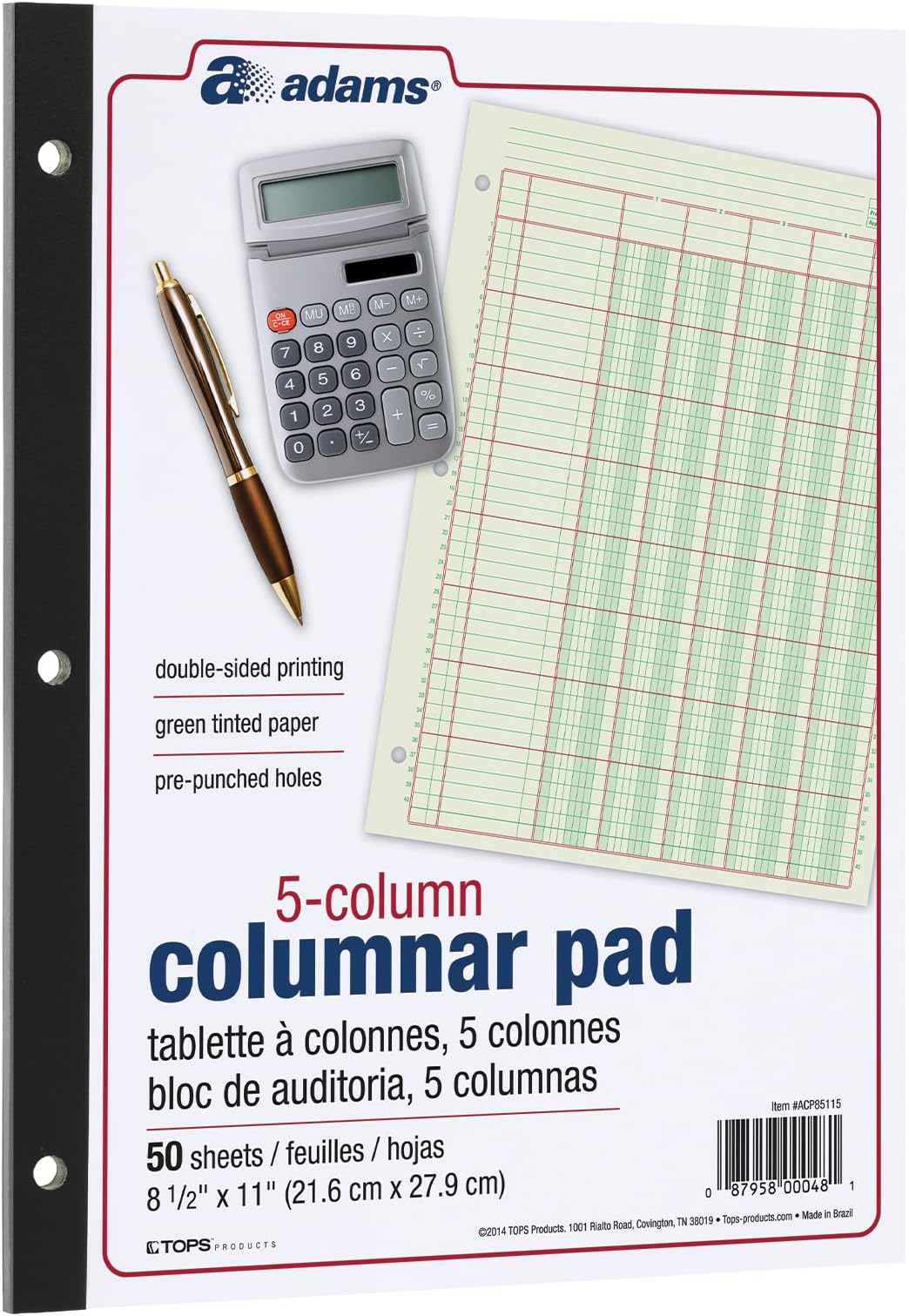 Adams Columnar Analysis Pad, 5 Column Ledger, 8.5" x 11", 100 Pages (50 Sheets), Green, 3 Hole Punch, for Accounting, Bookkeeping & Data (ACP85115)