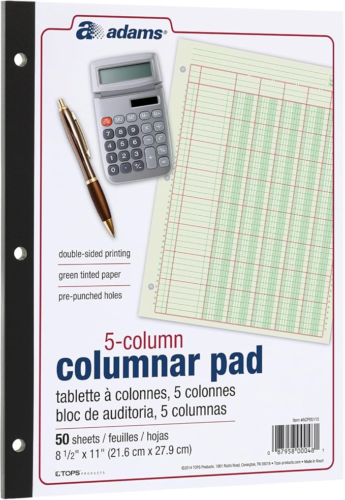 Adams Columnar Analysis Pad, 5 Column Ledger, 8.5" x 11", 100 Pages (50 Sheets), Green, 3 Hole Punch, for Accounting, Bookkeeping & Data (ACP85115)