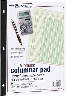 Adams Columnar Analysis Pad, 5 Column Ledger, 8.5" x 11", 100 Pages (50 Sheets), Green, 3 Hole Punch, for Accounting, Bookkeeping & Data (ACP85115)
