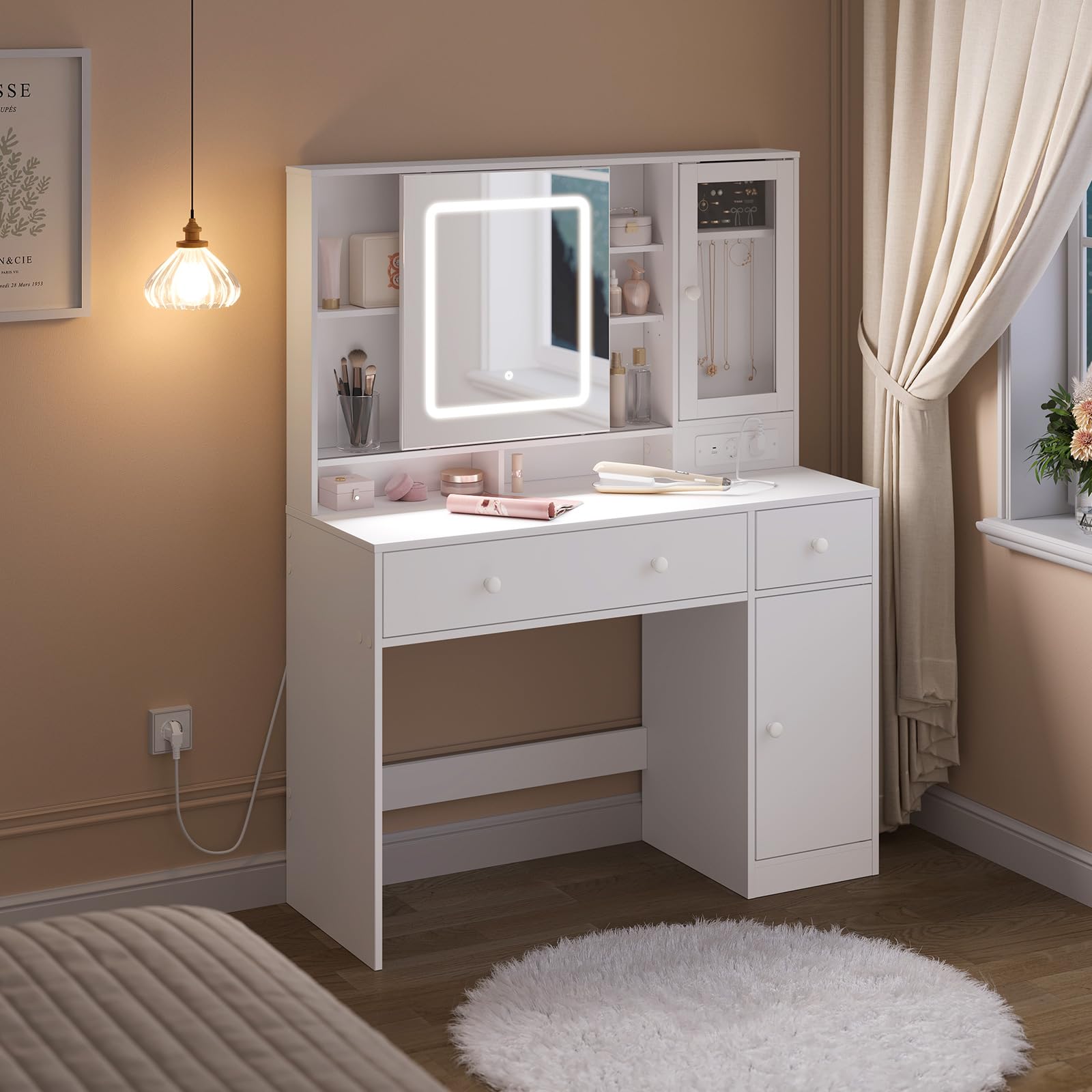 WOLTU Tocador Maquillaje con Joyero, Espejo Luz LED Ajustable, Mesa Tocador Maquillaje con Enchufes, Cajones y Estantes, Blanca, MB6125ws