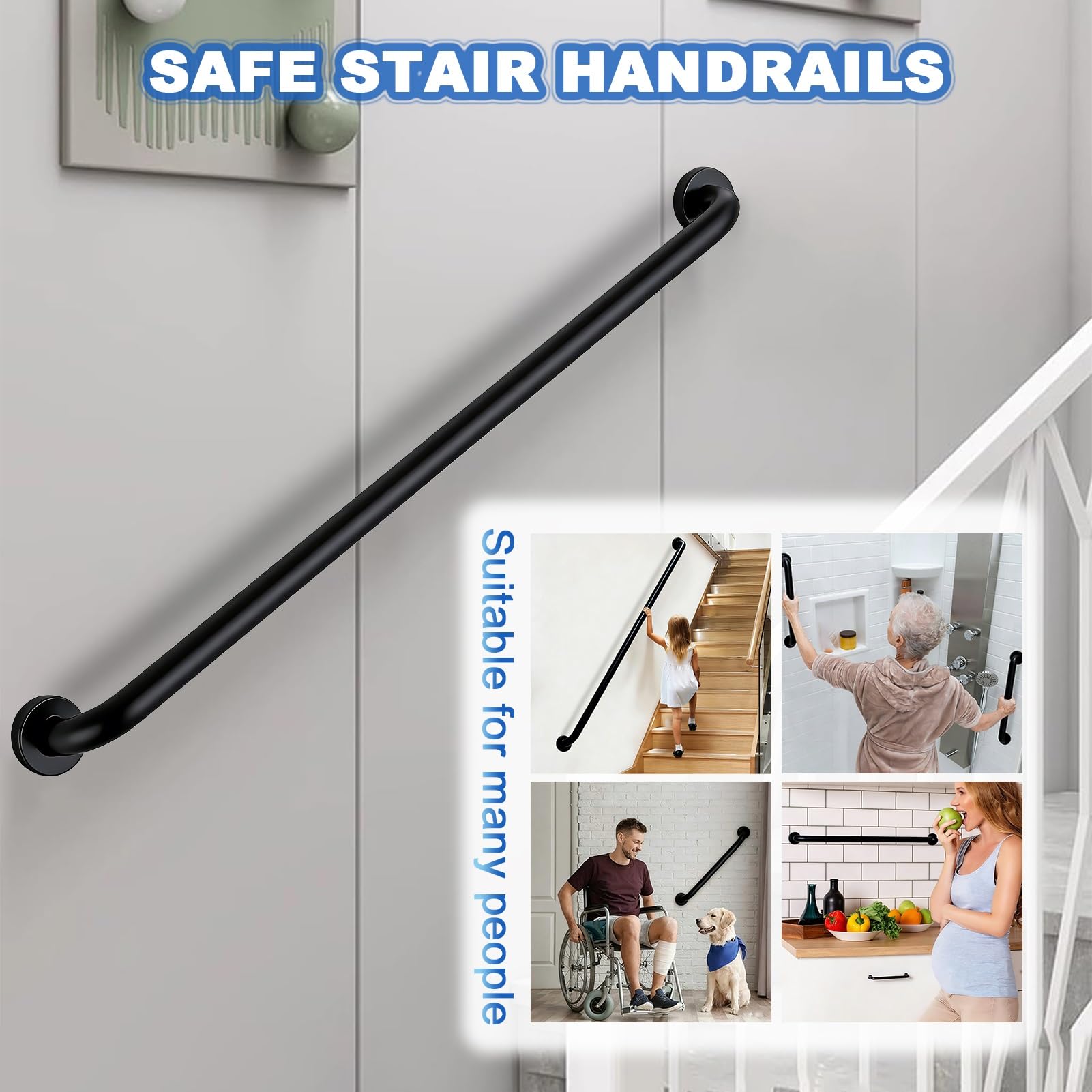 Maniglione di Sicurezza per Bagno Nero, Maniglie per Maniglie per Doccia Antiscivolo in Acciaio Inossidabile 304 per Anziani, Portasciugamani, Disabili, Feriti o Post-operatori(80cm)