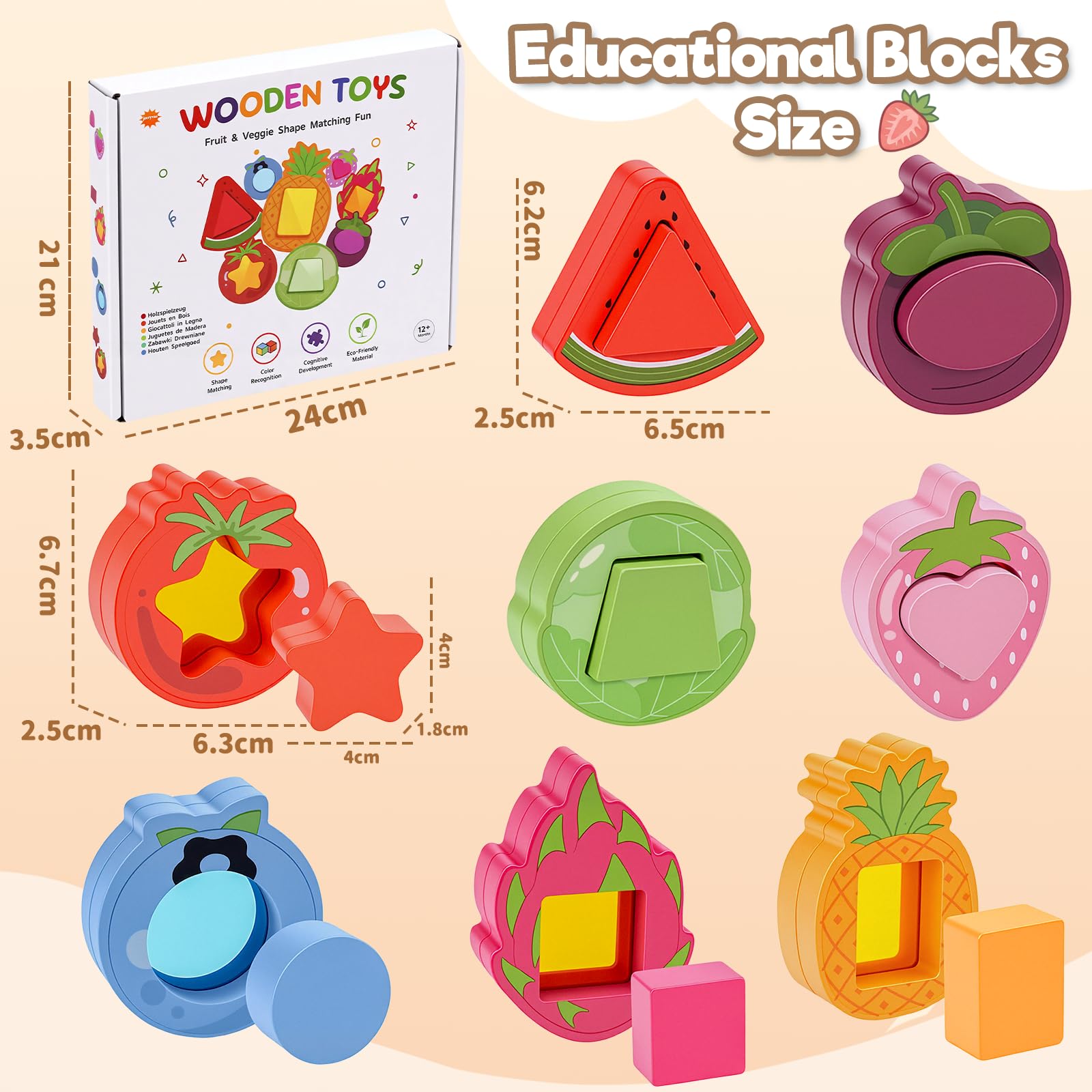 Jouet Bebe 1 an, Jeux Bebe 1 an, Jouet Montessori en Bois Cadeau Bebe 1 ans | Jeux Enfant 1 an Montessori en Bois et Acrylique avec Formes, Fruits et Légumes à Associer, Cadeau pour Garçon et Fille