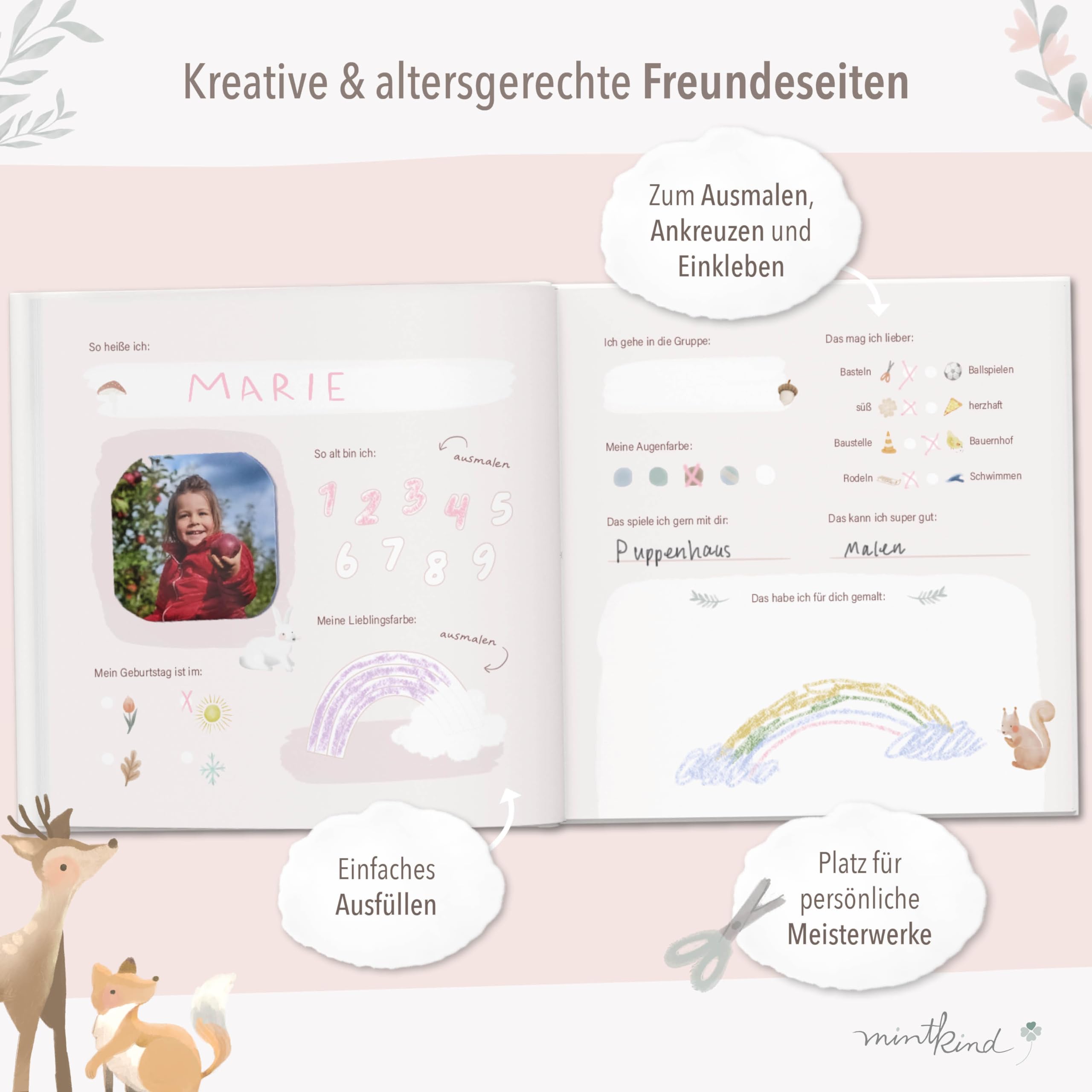 mintkind® Kindergarten Freundebuch Rosa, Freundschaftsbuch zum Ausfüllen, Freundebuch für den Kindergarten Mädchen und Jungen, kinderfreundliche Vorlagen und niedliche Illustrationen