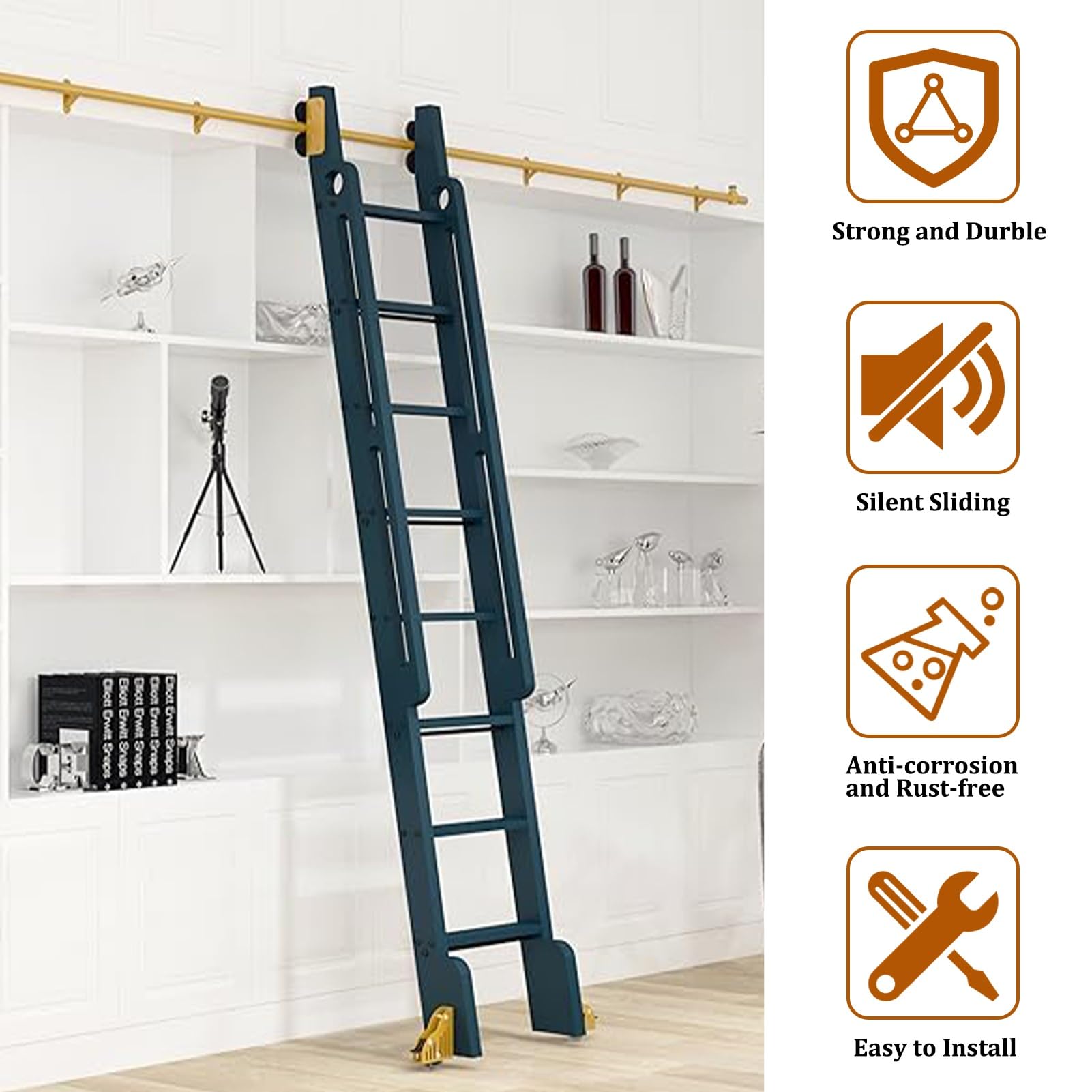 Kit de herrajes para escalera rodante de acero al carbono, riel deslizante y riel colgante de escalera móvil, kit de riel para puerta de granero con rodillos de piso