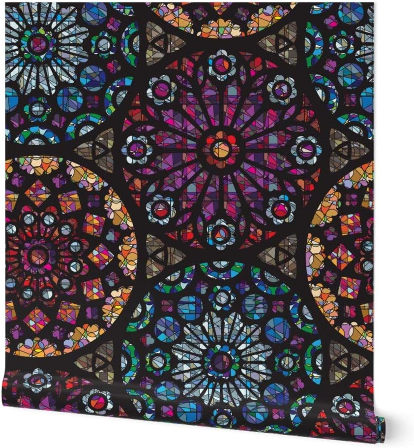 Peel & Stick Wallpaper 12ft x 2ft - Stained Glass Rose Medieval Time Abstract Geometric Custom Removable Wallpaper by Spoonflower