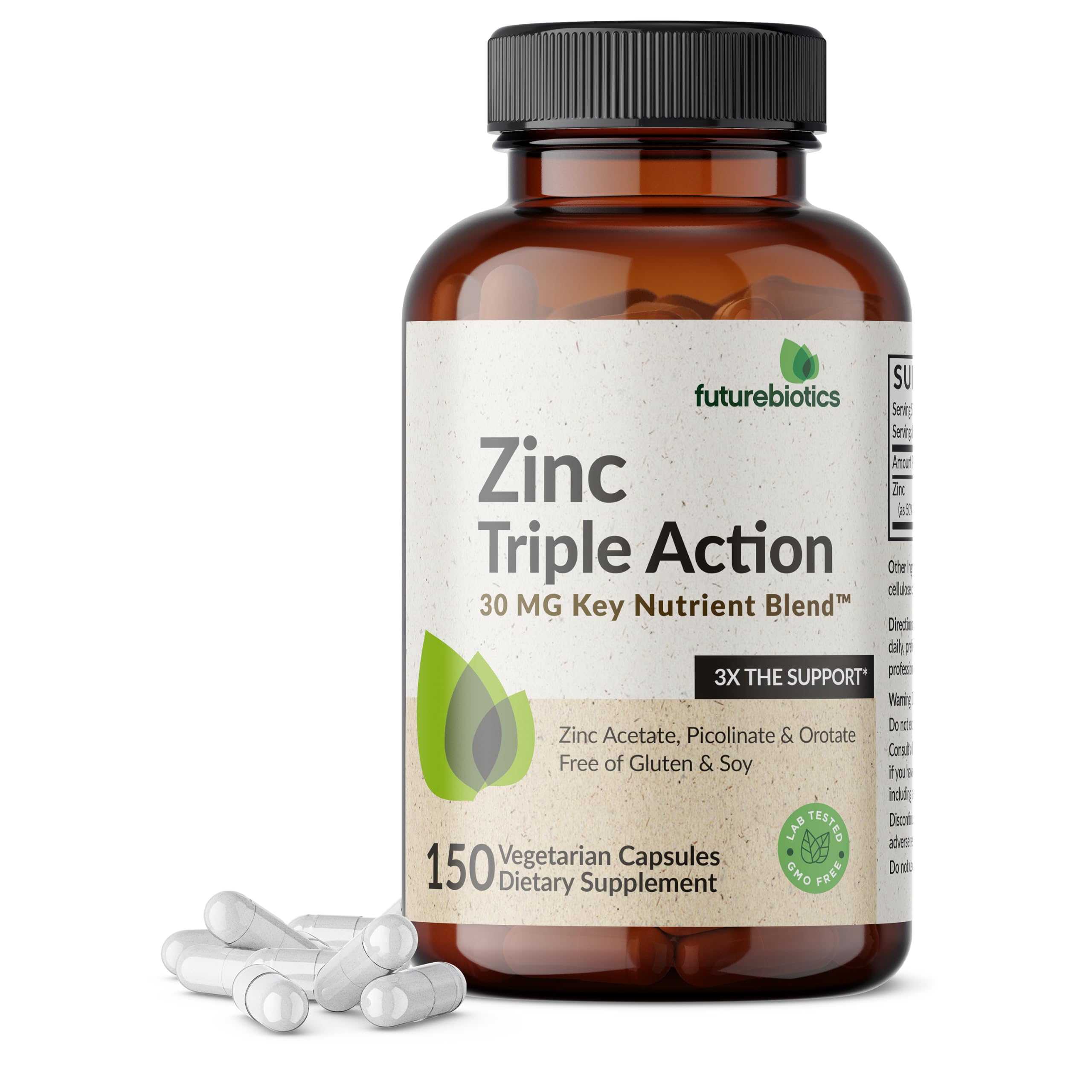 Futurebiotics Zinc Triple Action 30mg Key Nutrient Blend Immune Support Supplement with Zinc Acetate, Picolinate & Orotate - Immune, Antioxidant & Skin Health Support - 150 Vegetarian Capsules