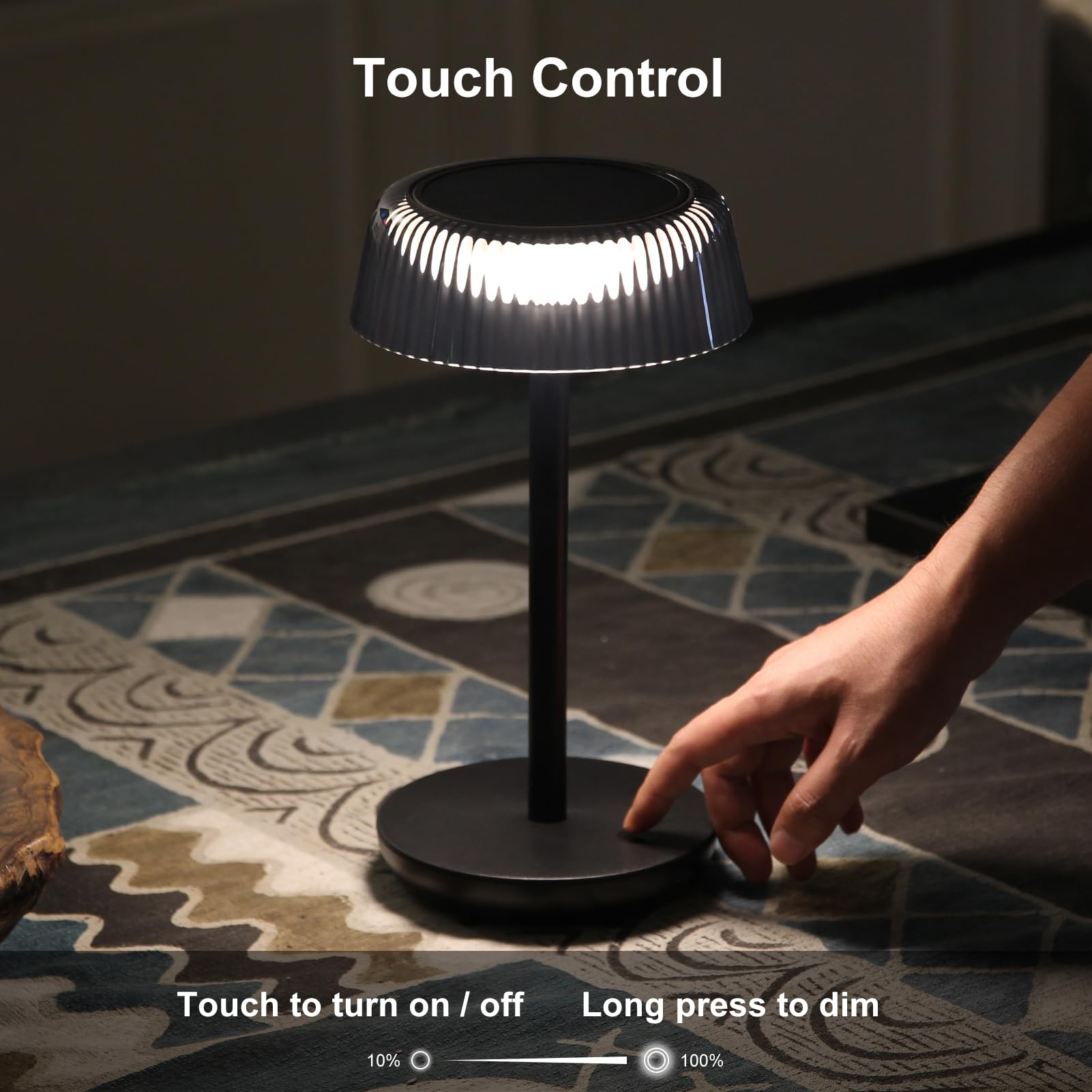 DAWALIGHT Lámpara Mesa Solar Exterior con USB Cargable - 3W LED Blanca Cálida de 3000K, IP54 Resistente al Agua, Control Táctil (Encendido/Apagado + Dim) - Ideal para Jardín, Balcón, Terraza - Negro