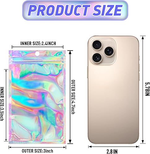 Miniatura 2 de Funfery Paquete de 100 bolsas holográficas a prueba de olores, bolsas resellables con ventana transparente, bolsa de aluminio de Mylar con