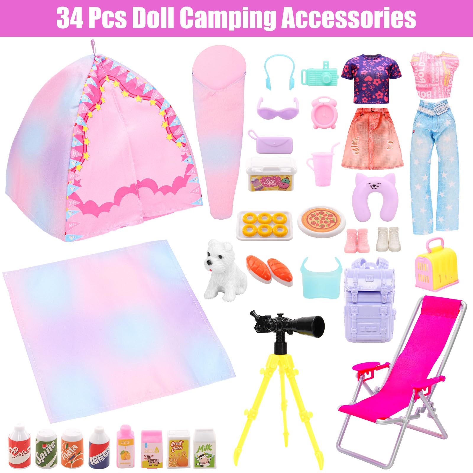 Miunana 34 Doll Travel Camping Tent Set Include Doll Tent Casual Dress Top & Pants Backpack Placemat Sleeping Bag Shoes Chair Toy Dog Camping Playset for 11.5 Inch/30cm Girl Doll for Kid - Image 2