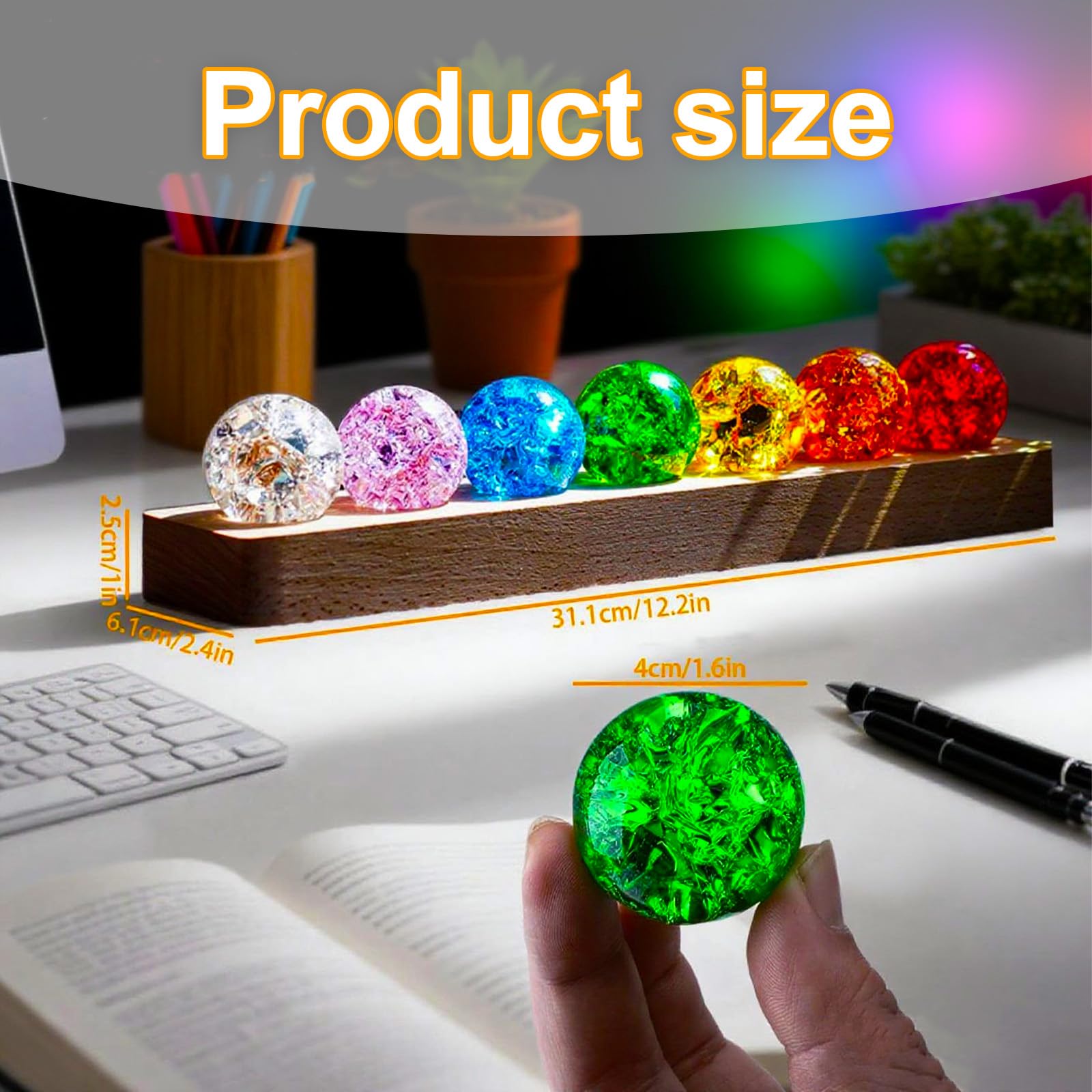 7 Galactische kristallen bol met ledlicht en houten sokkel, zonne-systemen, planeet 3D, kristallen bol, nachtlampje, 40 mm, helende kwartsballen, kamerdecoratie, cadeau (warm licht