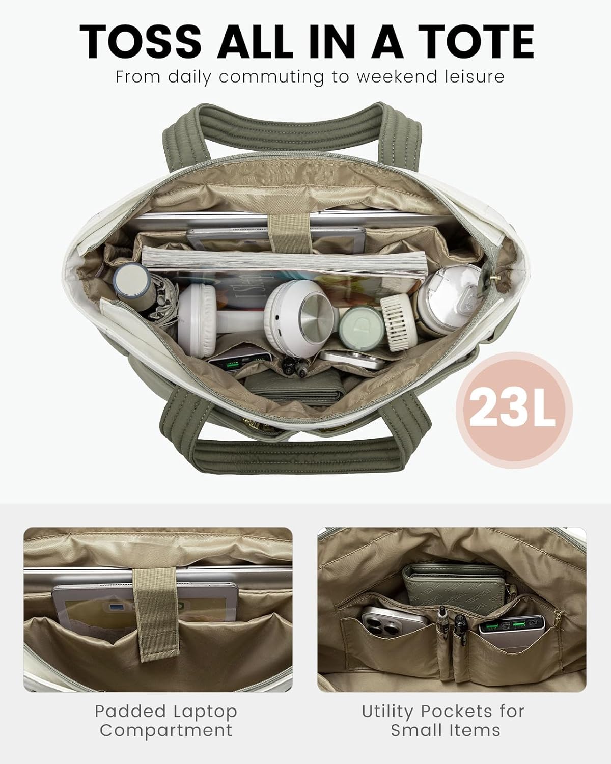 LOVEVOOK Puffer Tote Bag with 8 Pockets&Cosmetic Bag, Waterproof Work Bag for Women, Puffer Tote for Women Work, Travel, Gym - Image 5