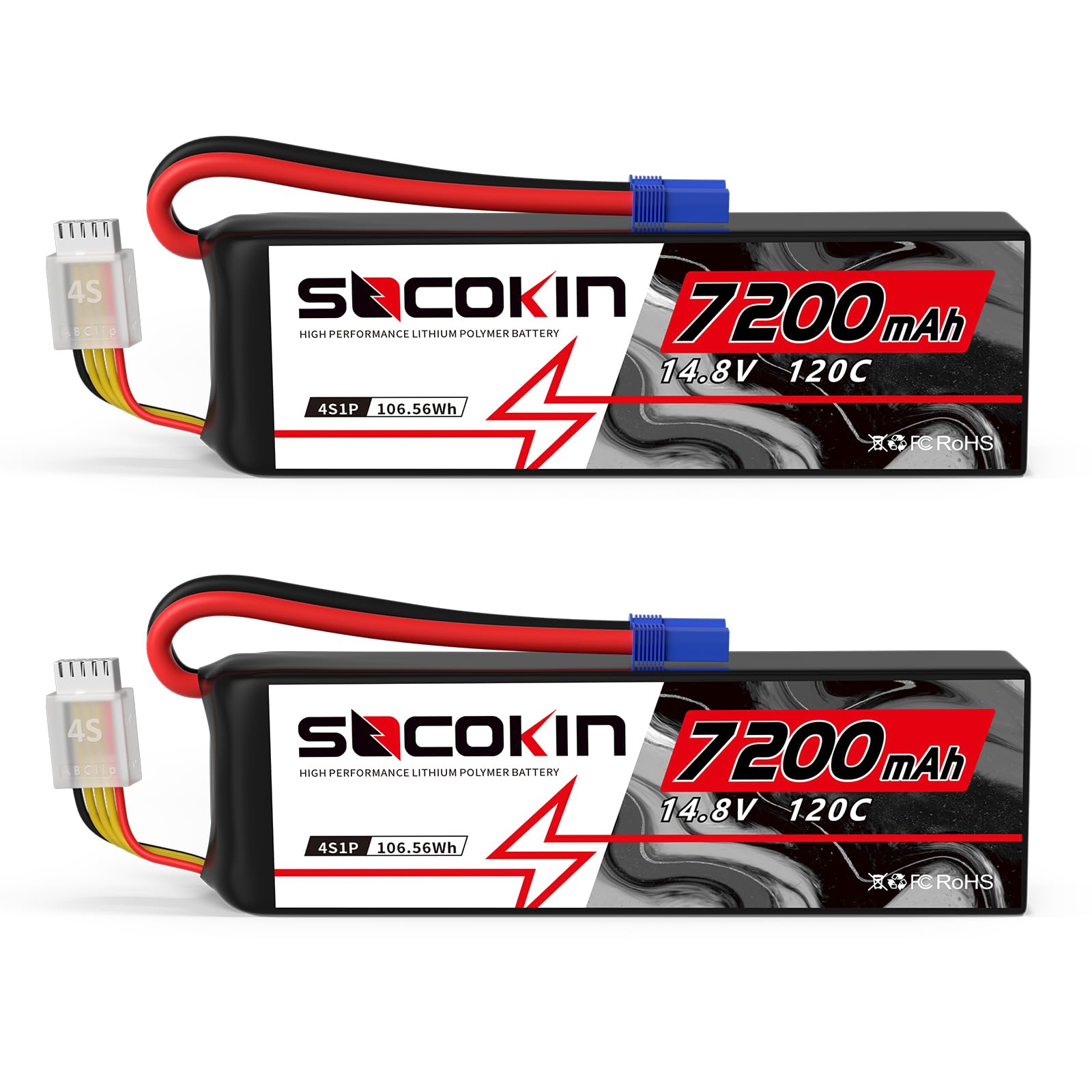 4S Lipo Battery 14.8V 7200mAh 120C with EC5 Connector Soft Case Compatible with Arrma Kraton 8S RC Car RC Boat RC Racing Truck 2 Pack