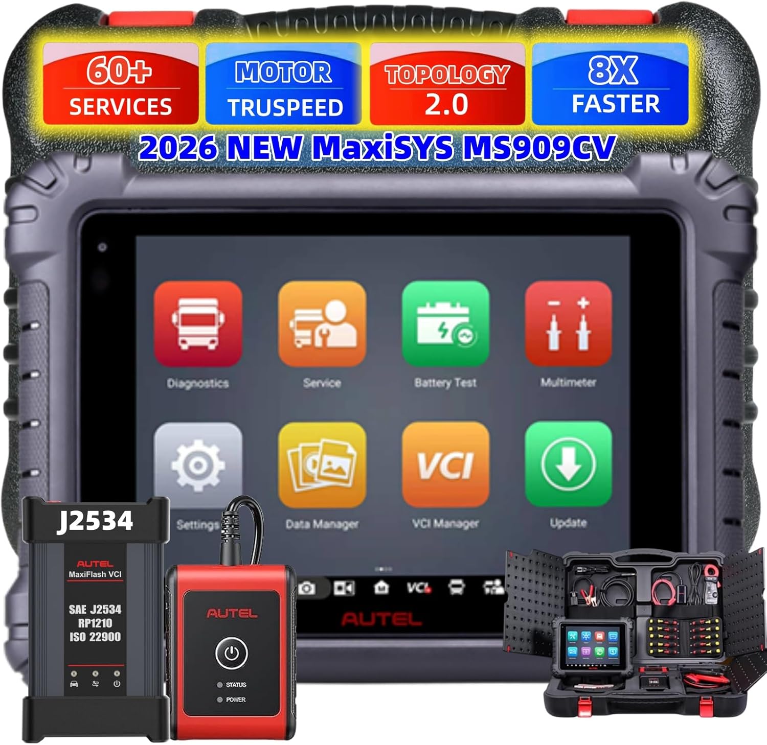Autel MaxiSys MS909CV 2026 Top Heavy Duty Truck Scanner for Semi Commercial Cars, Upgrade of MS908CV with Intelligent Scan, 60+ Services, J2534 Programmer Coding, 3000+ Test,Topology 2.0