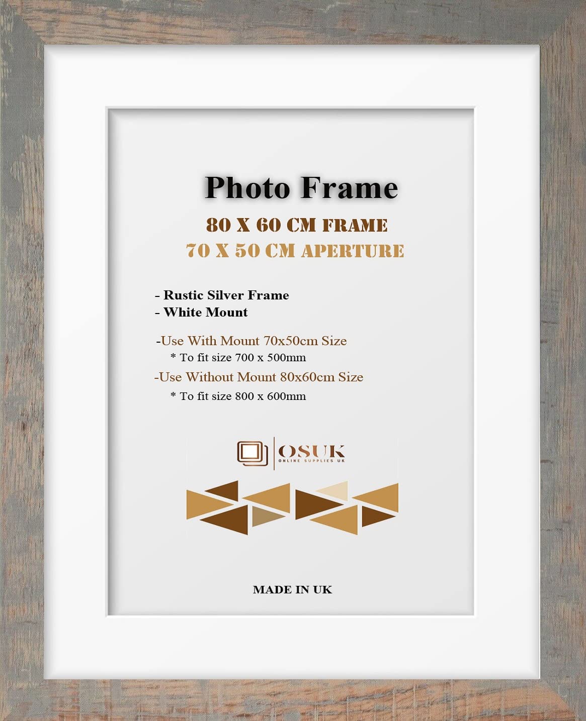 Frame Eazy OSUK Rustic Silver 80x60 cm With 70x50 Mount Modern Photo White - Clear Perspex Front & Wall Mounting Poster 800 x 600mm 700 500mm (Rustic Silver)
