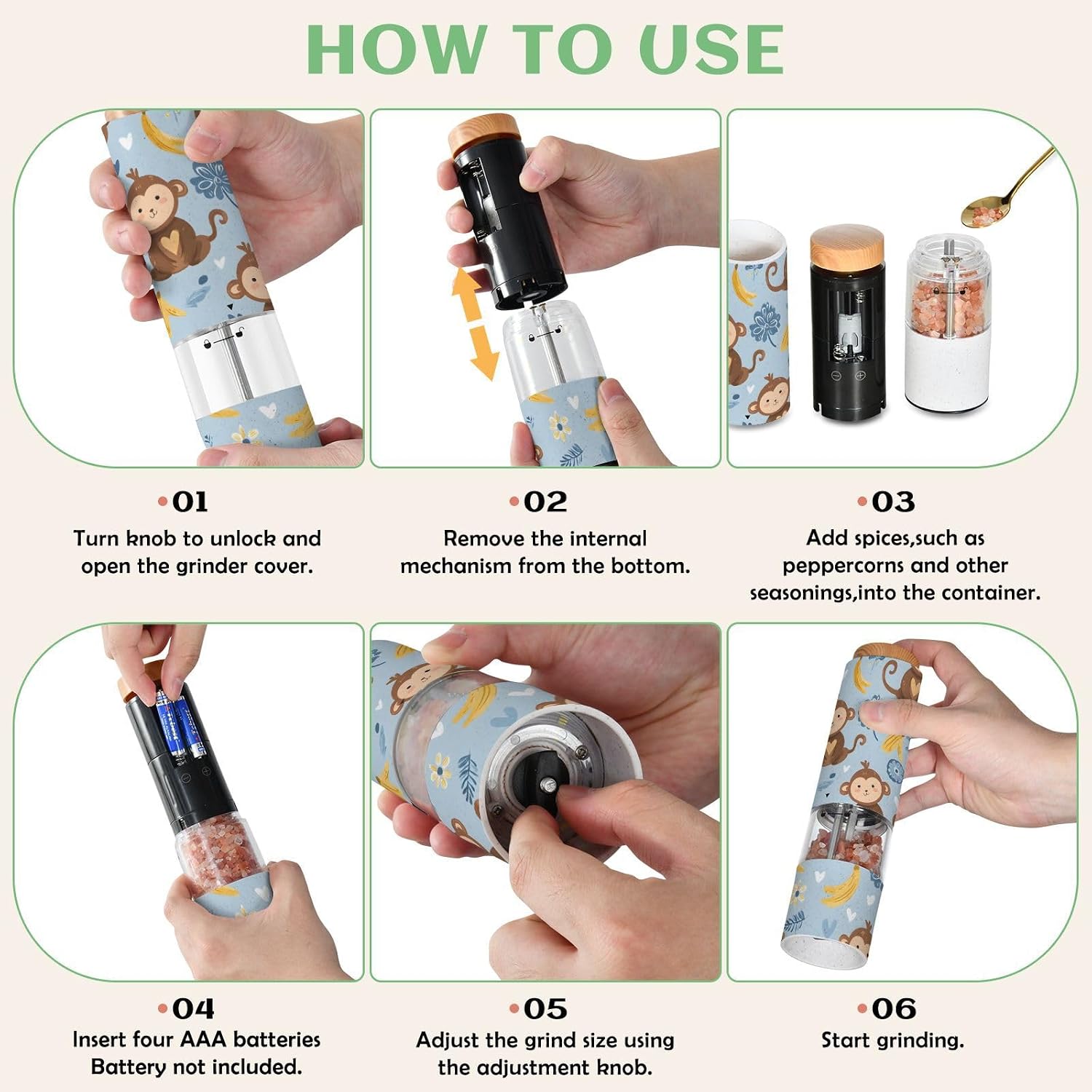ALAZA Electric Pepper Grinder with Adjustable Coarseness, Monkey Yellow Banana Pattern Battery Automatic Salt and Pepper Mill with Led, One-Handed Operation Spice Grinder for Kitchen, Camping & BBQ