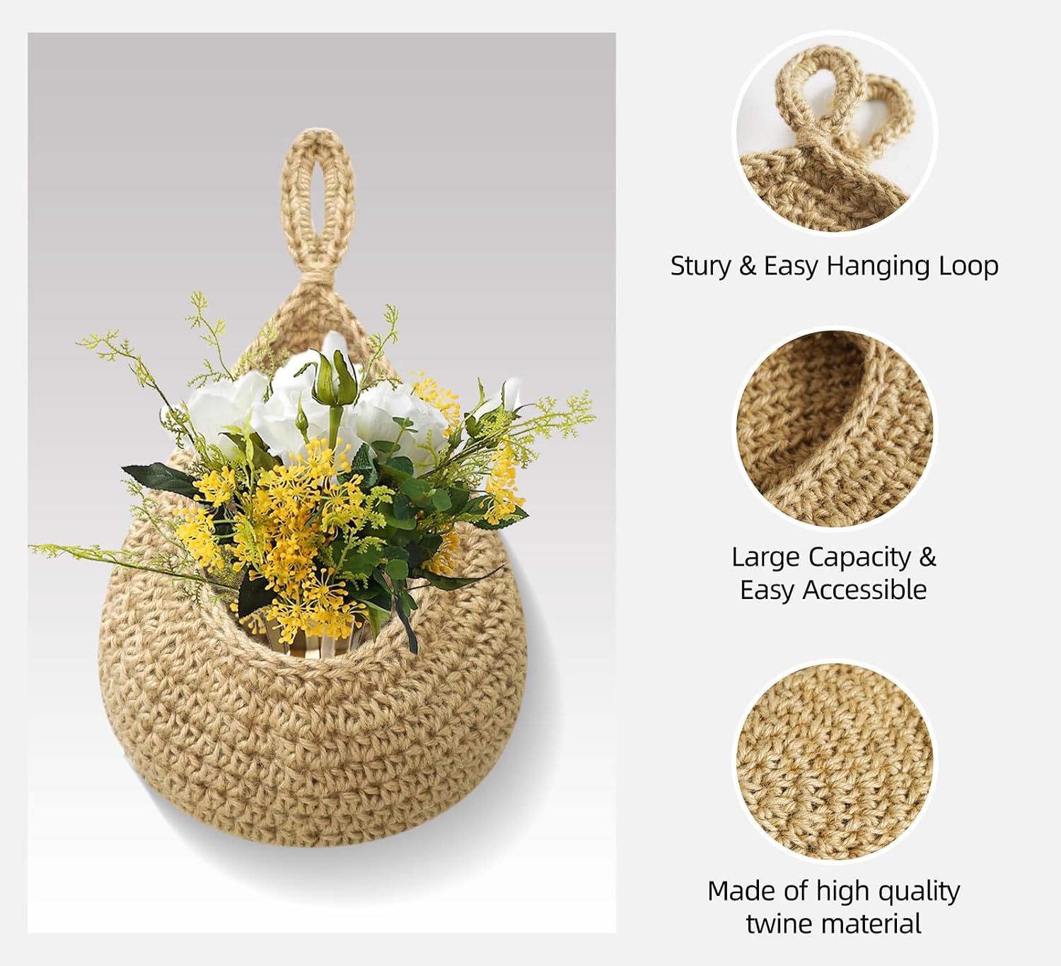 Hanging Baskets Set, 3 Pcs Boho Wall Hanging Basket with 6 Pcs Strong Hooks, Hand-Woven, Drop Molding, Used In Living Room or kitchen To Store Fruit and Vegetable And Potted Plants (Linen)